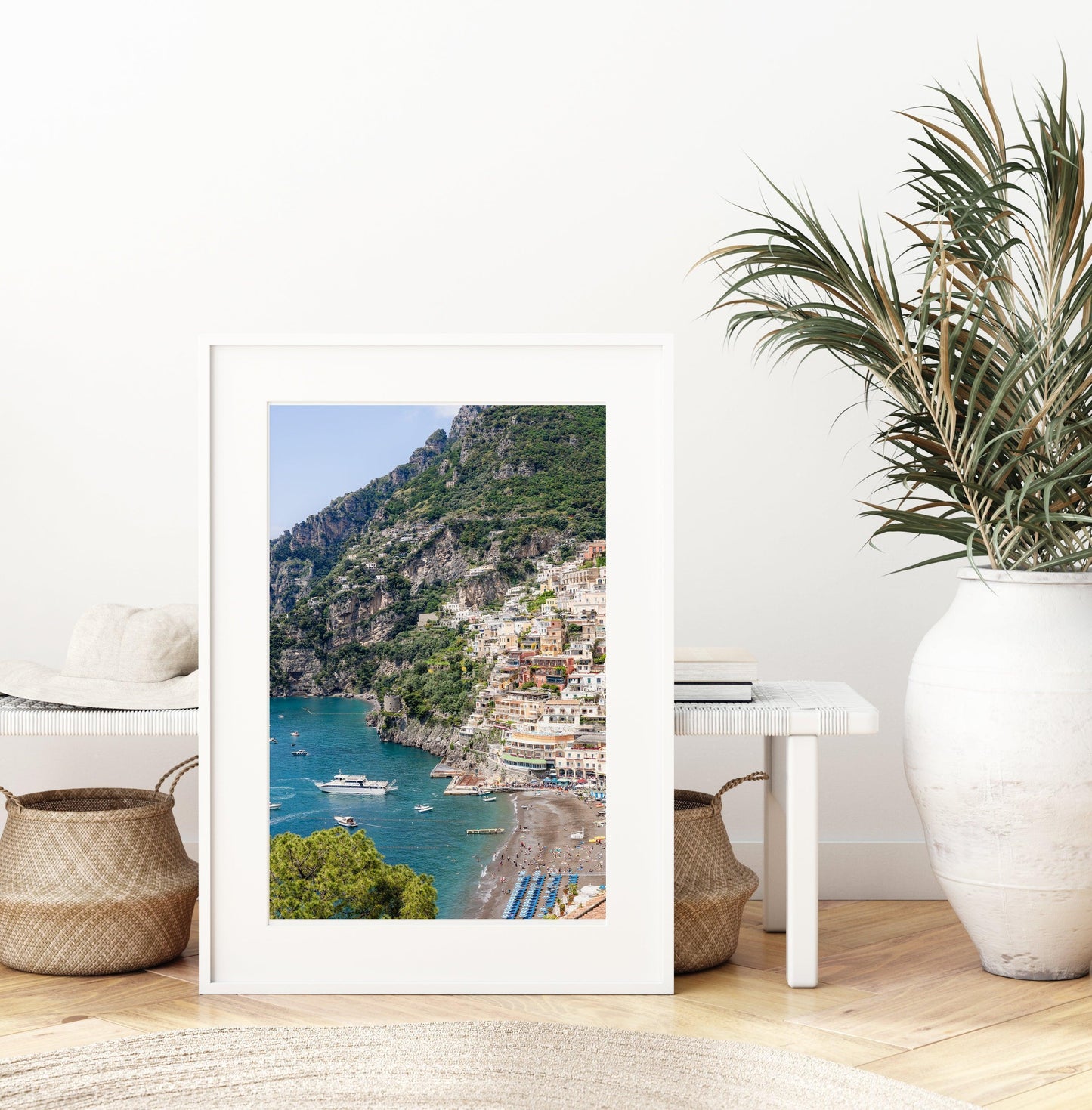 Vertical photo of Positano, Italy with colorful cliffside homes and blue water – Amalfi Coast travel wall art