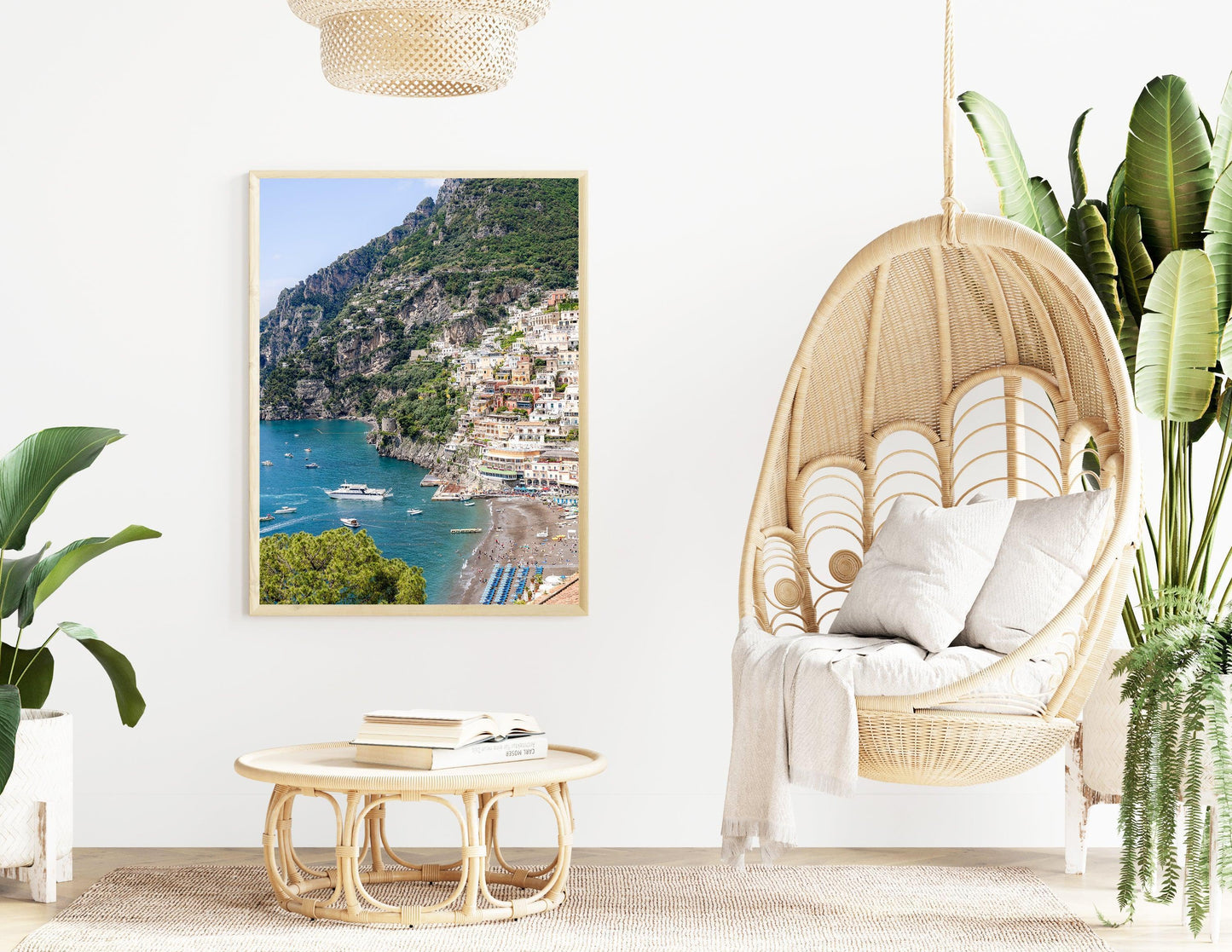 Vertical photo of Positano, Italy with colorful cliffside homes and blue water – Amalfi Coast travel wall art