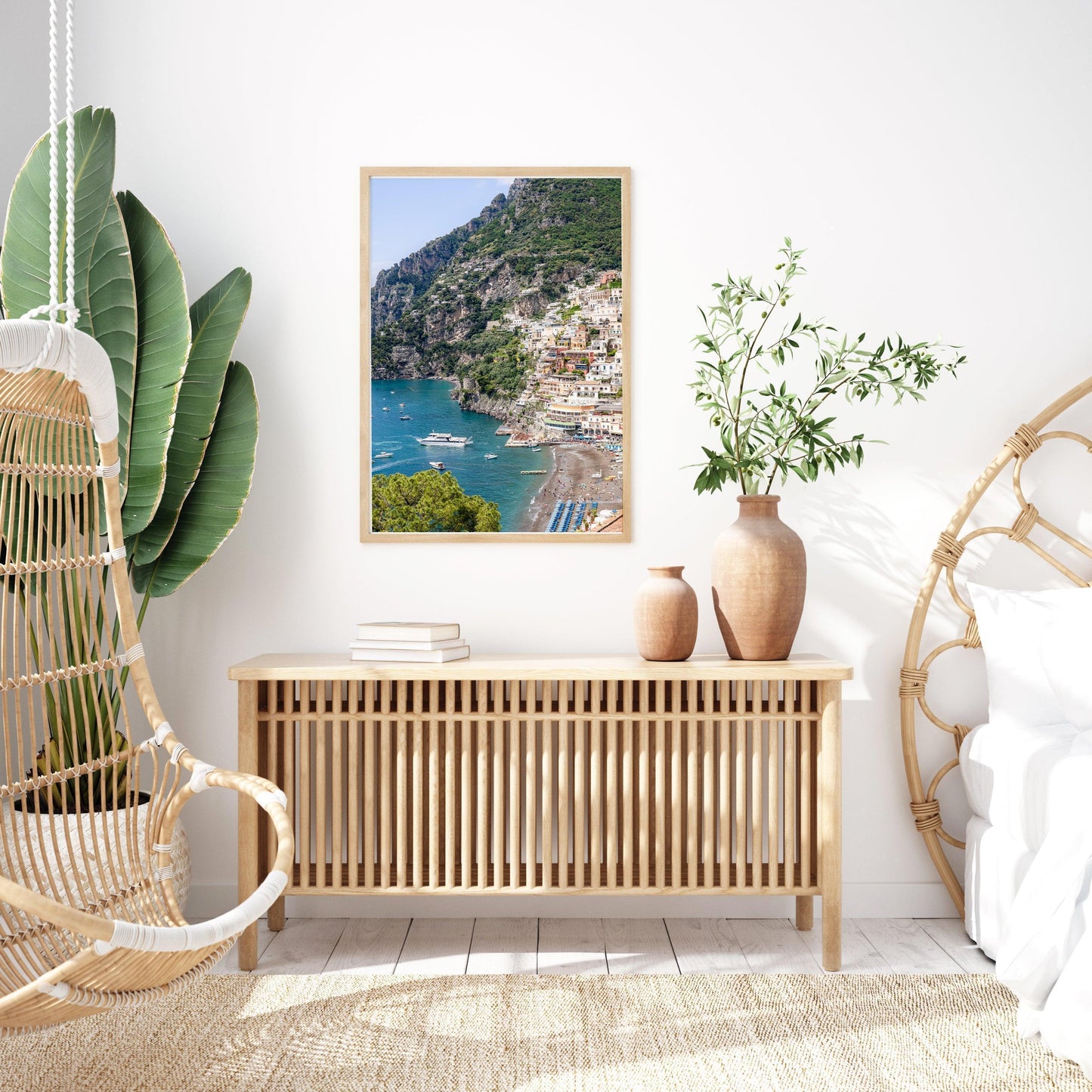 Vertical photo of Positano, Italy with colorful cliffside homes and blue water – Amalfi Coast travel wall art