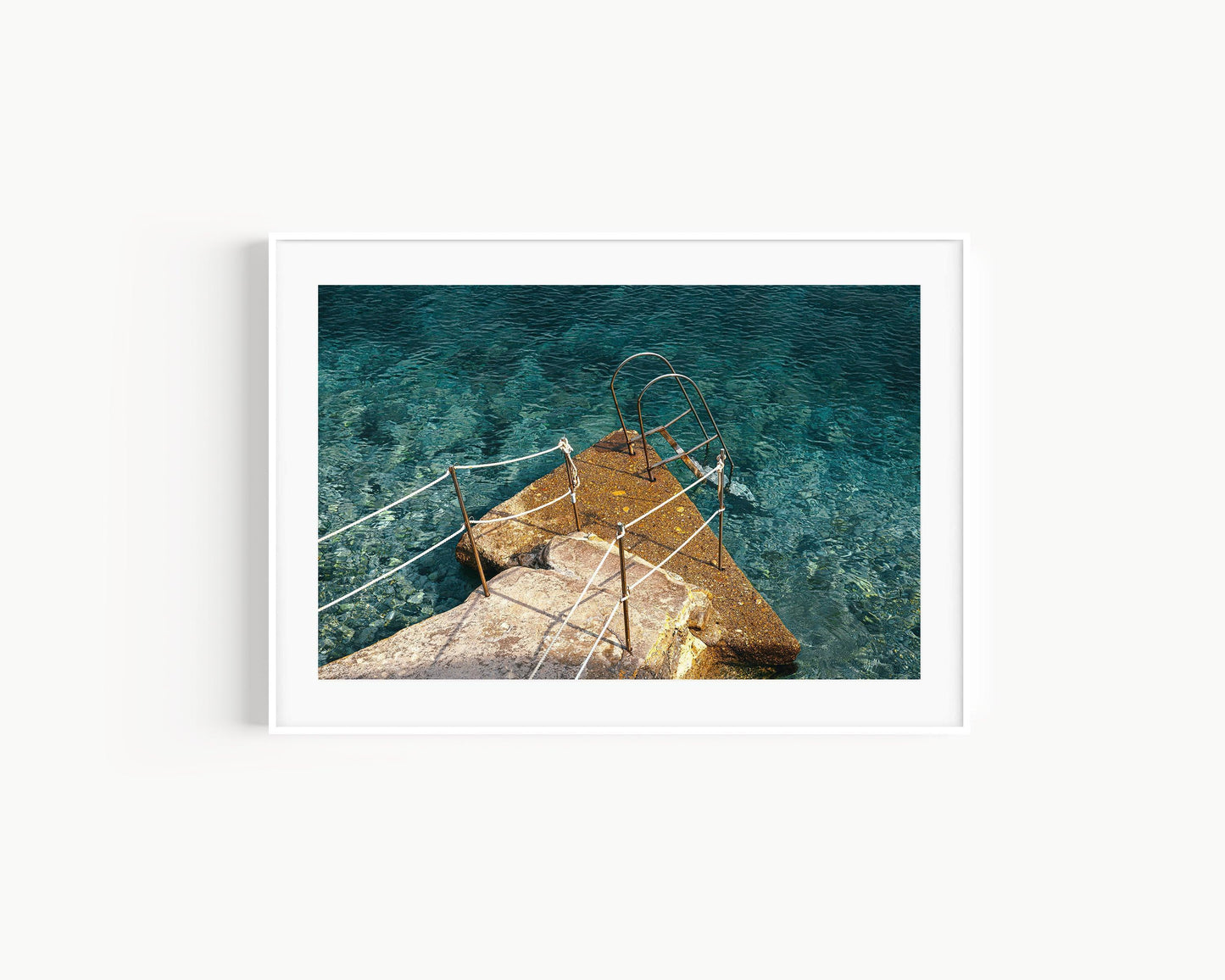 Horizontal photo of a stone ladder and turquoise water in Capri, Italy – coastal Mediterranean print