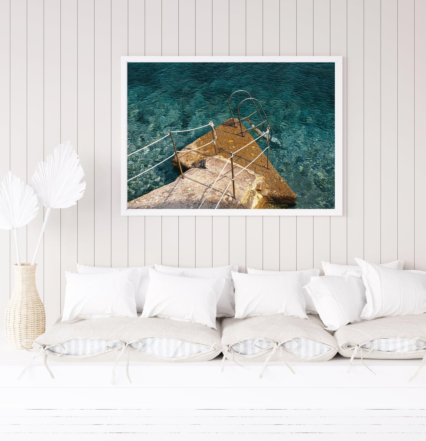 Horizontal photo of a stone ladder and turquoise water in Capri, Italy – coastal Mediterranean print