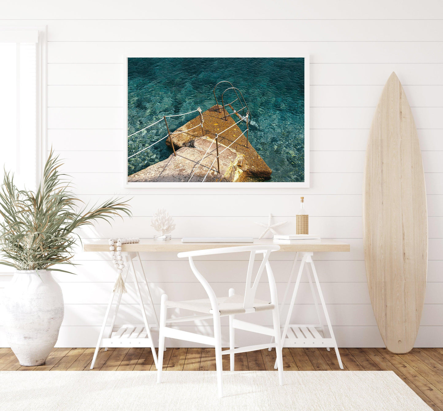 Horizontal photo of a stone ladder and turquoise water in Capri, Italy – coastal Mediterranean print