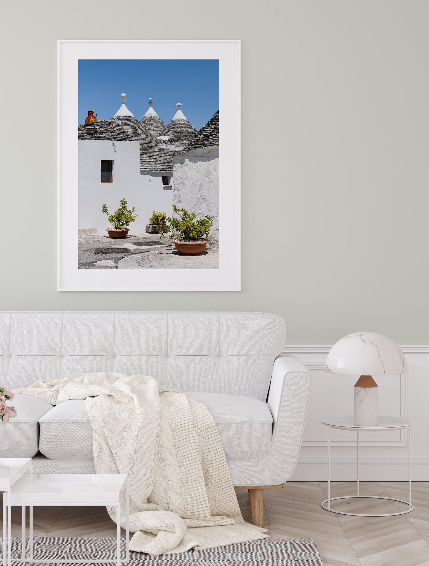 Vertical photo of trulli rooftops and white walls in Alberobello, Italy – Mediterranean architecture travel print