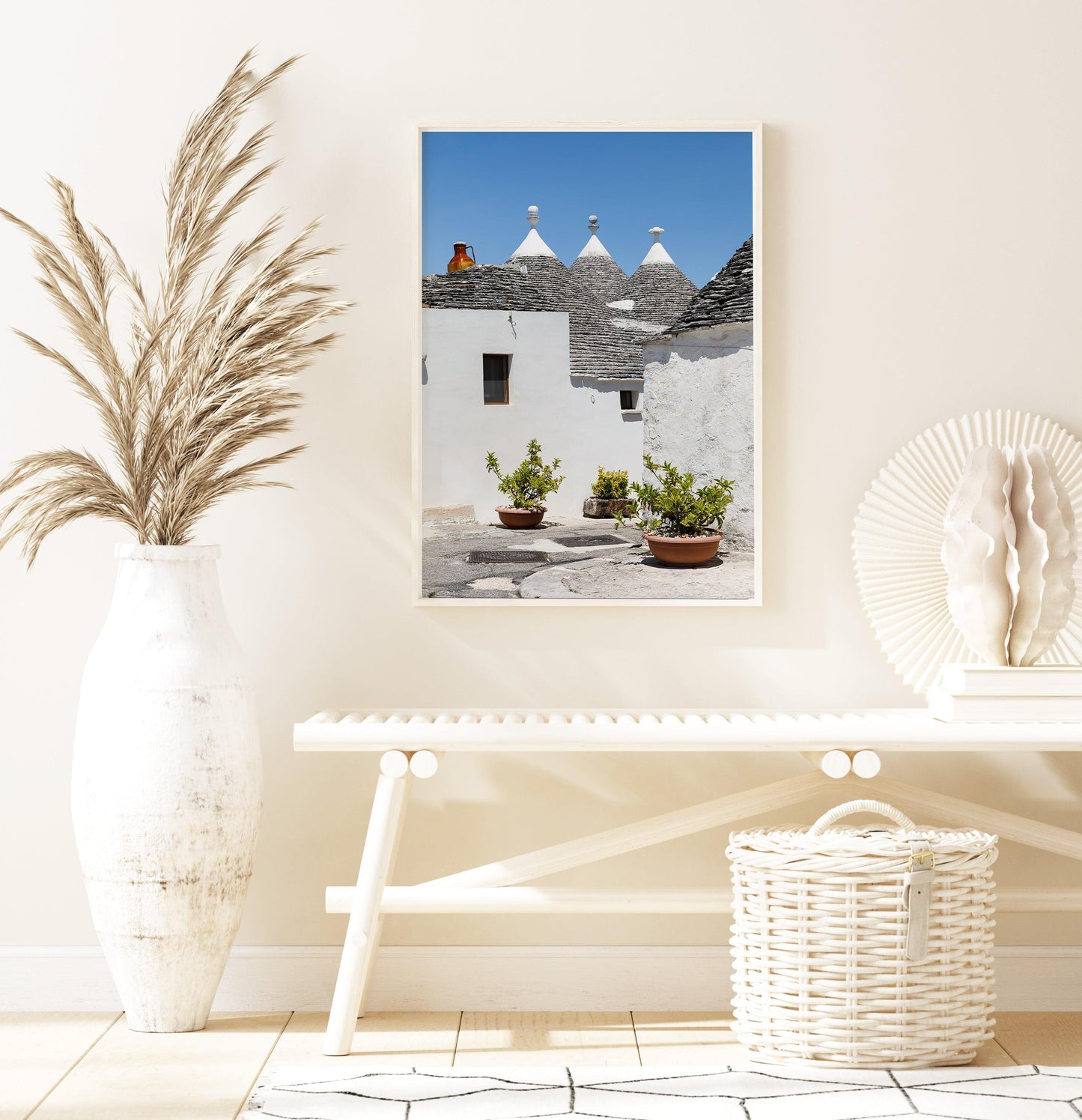 Vertical photo of trulli rooftops and white walls in Alberobello, Italy – Mediterranean architecture travel print