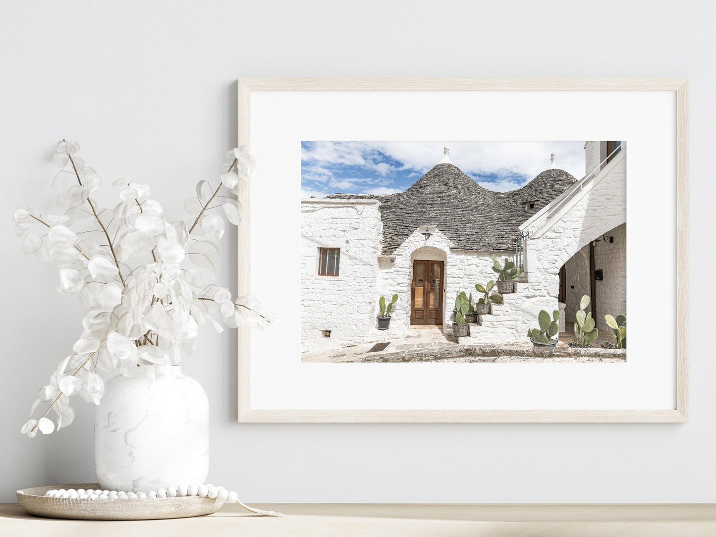 Horizontal photo of trulli rooftops and stone walls in Alberobello, Italy – Mediterranean architectural print