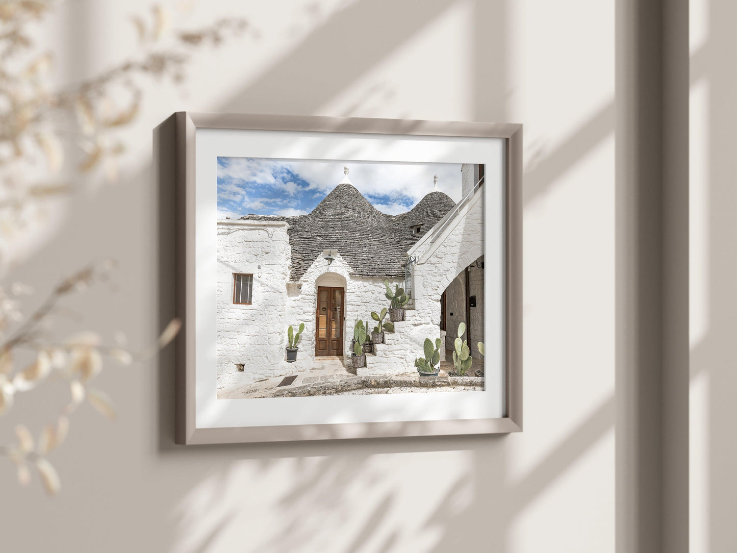 Horizontal photo of trulli rooftops and stone walls in Alberobello, Italy – Mediterranean architectural print