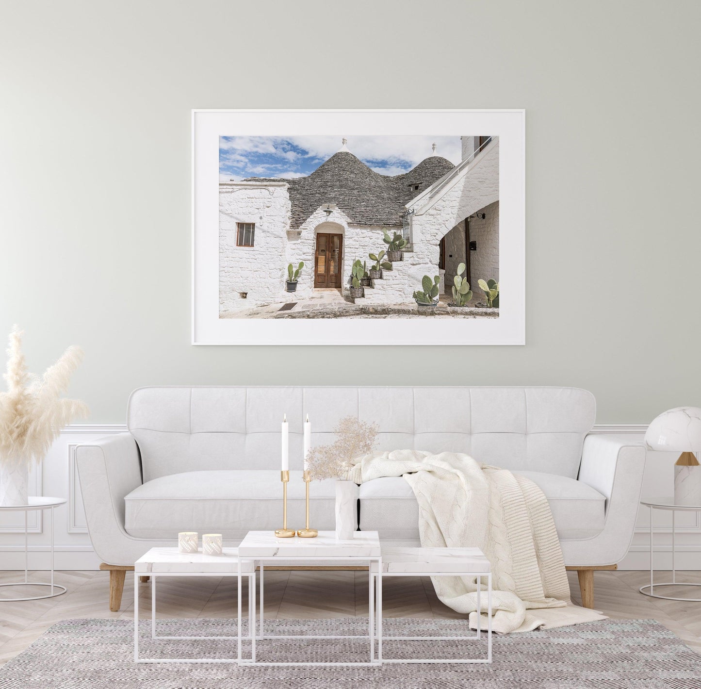 Horizontal photo of trulli rooftops and stone walls in Alberobello, Italy – Mediterranean architectural print