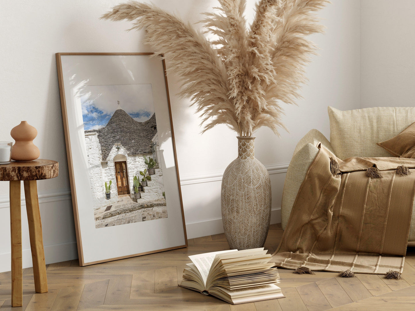 Vertical photo of trullo house in Alberobello, Italy with potted cactus and textured white stone walls – Mediterranean architectural print
