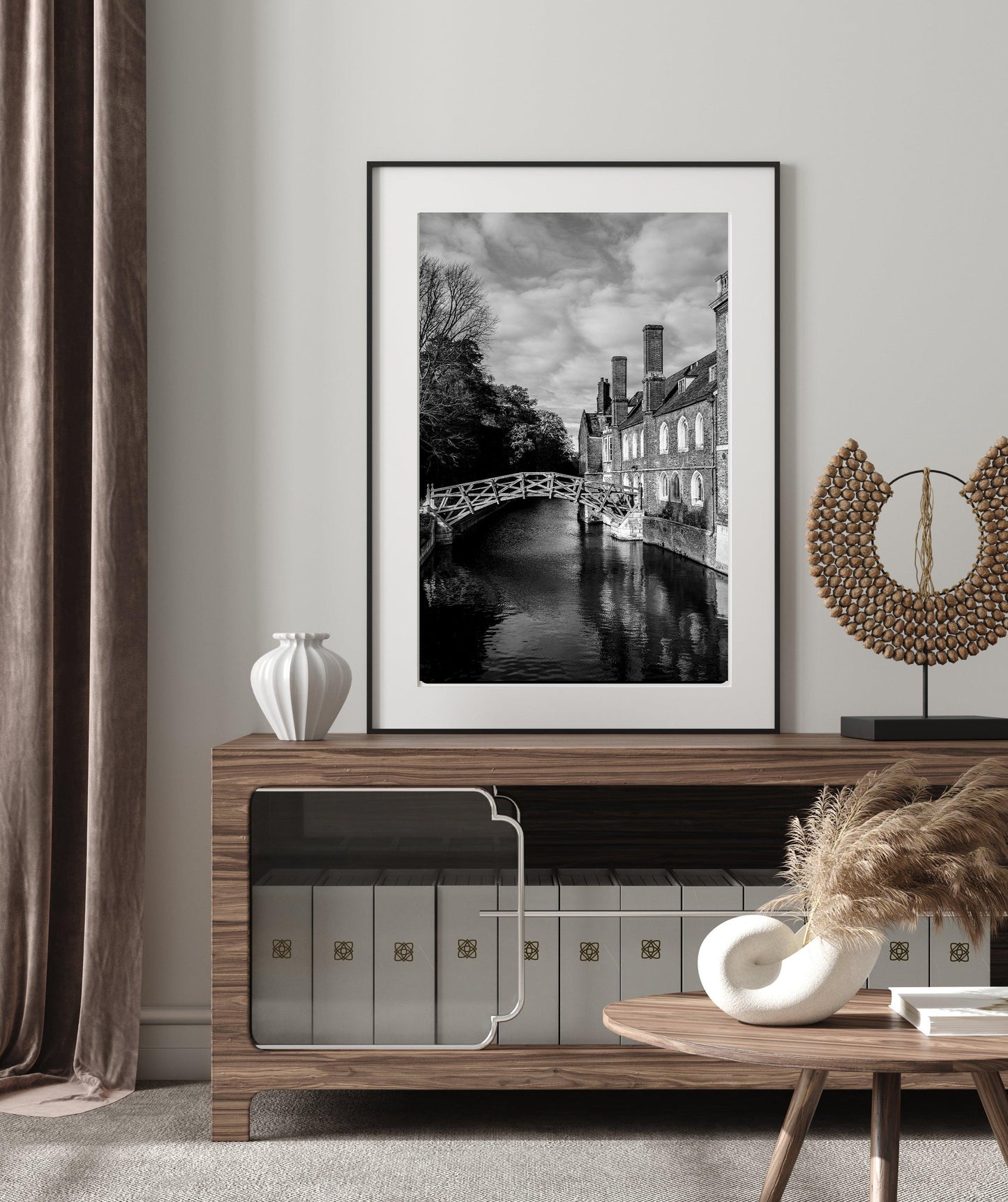 Black and white print of the Mathematical Bridge at the University of Cambridge.