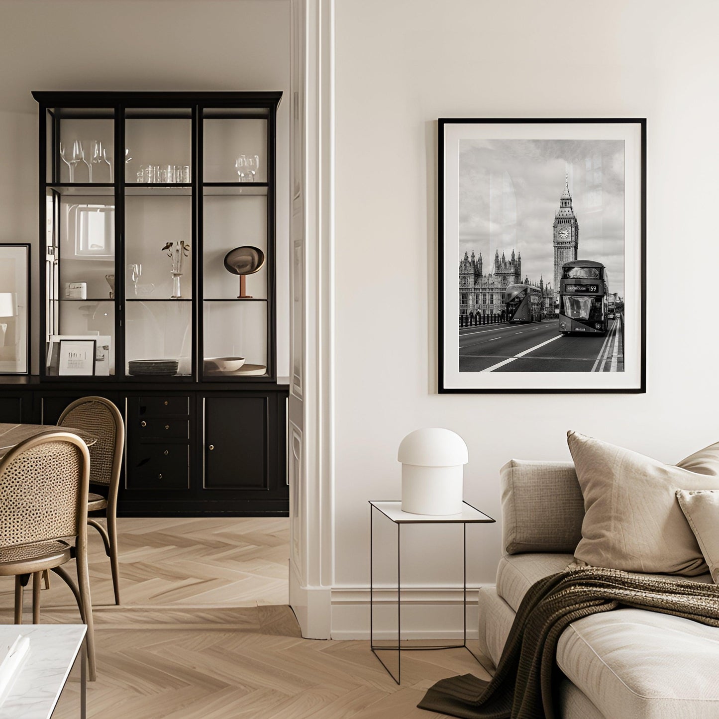 Black and white London print featuring Big Ben and a red double-decker bus