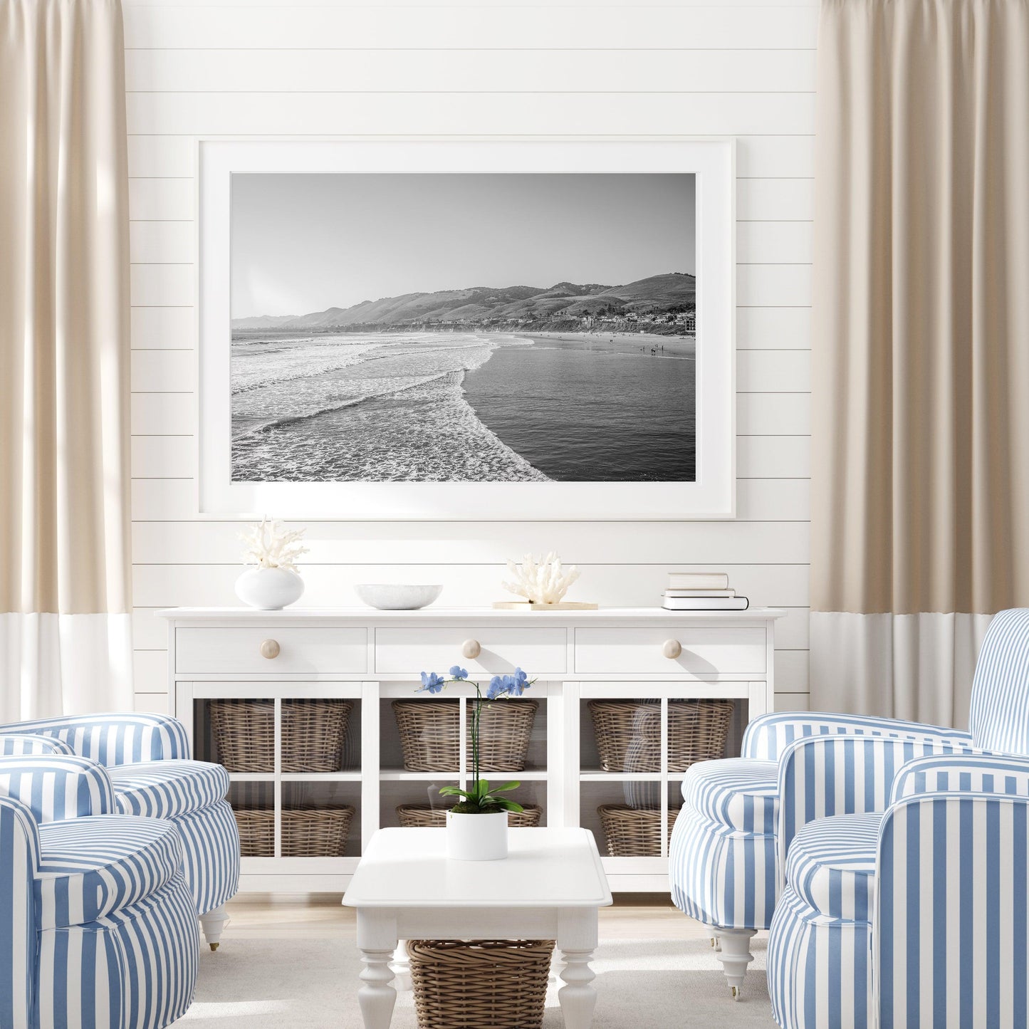 Black and white Santa Monica Beach print featuring soft waves on the shore.