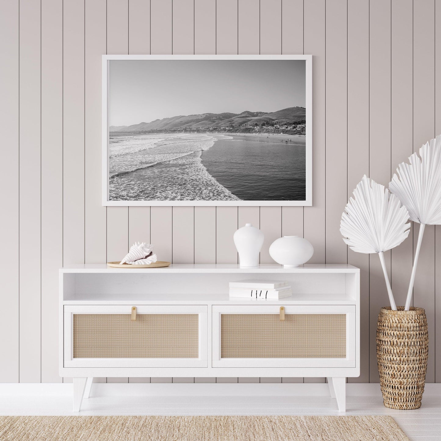 Black and white Santa Monica Beach print featuring soft waves on the shore.