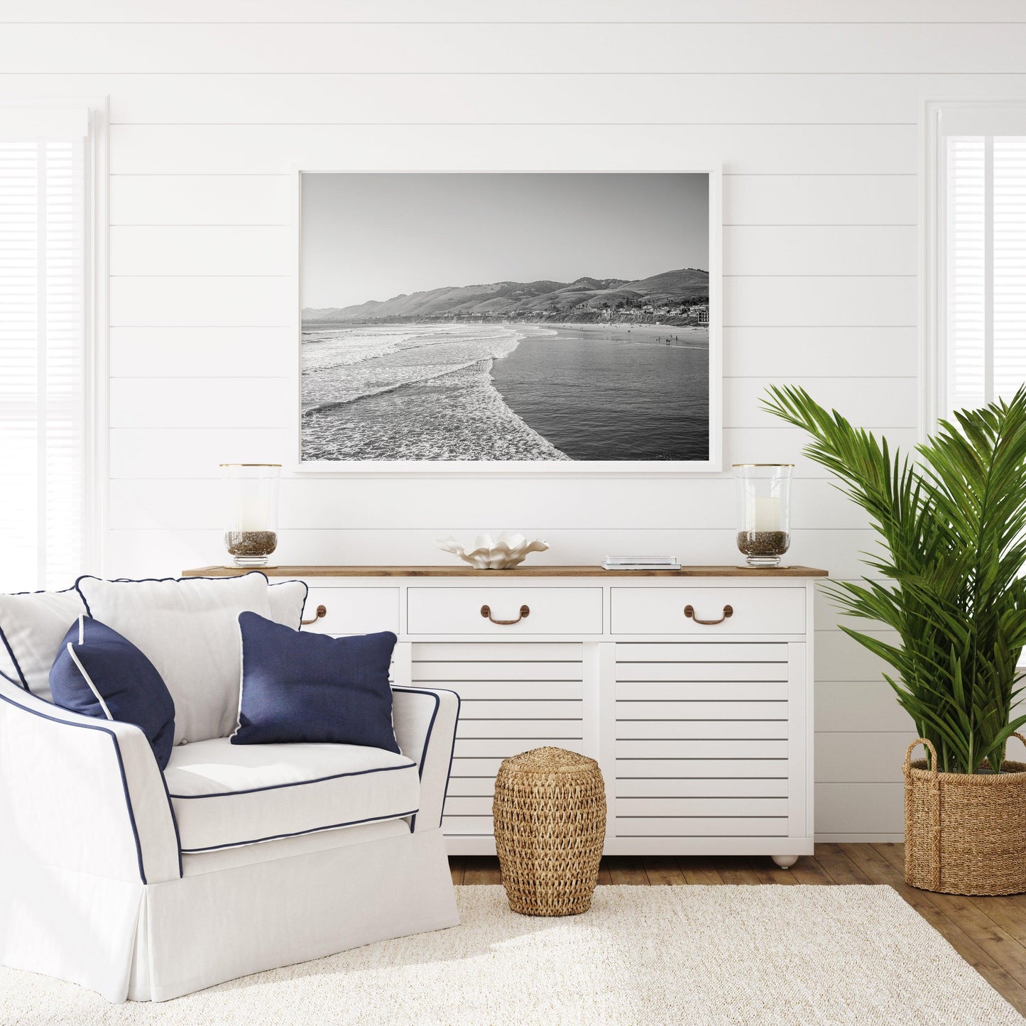 Black and white Santa Monica Beach print featuring soft waves on the shore.