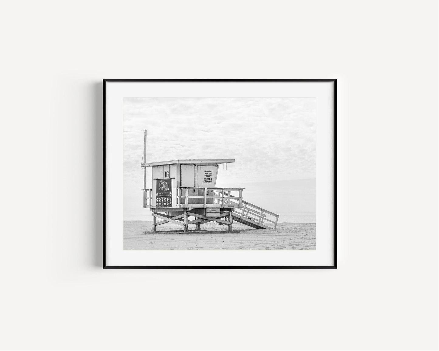 Lifeguard Stand 16 on empty California beach in black and white – minimalist coastal photo print