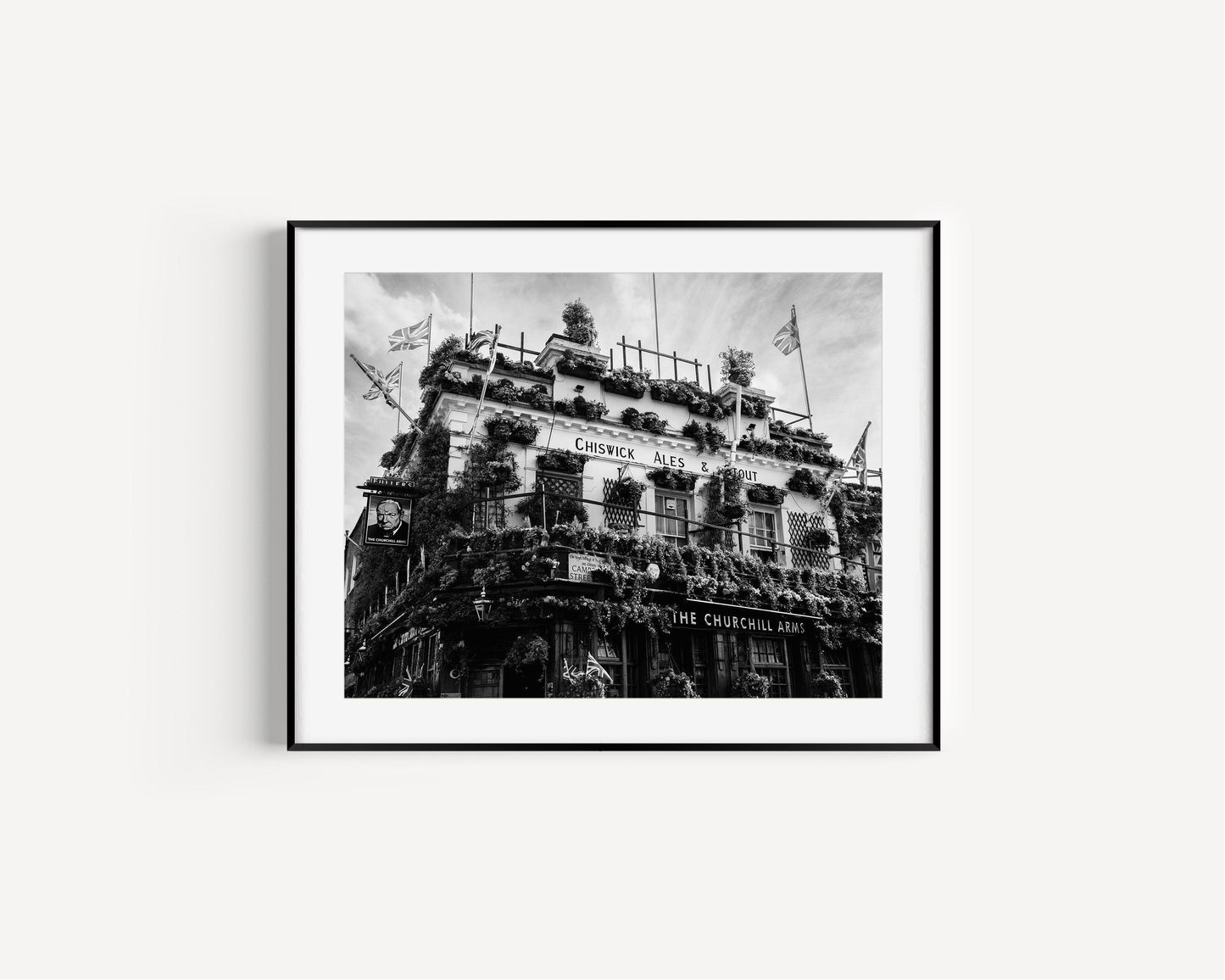 Churchill Arms London Pub Print – Black and White Photo of Iconic English Pub
