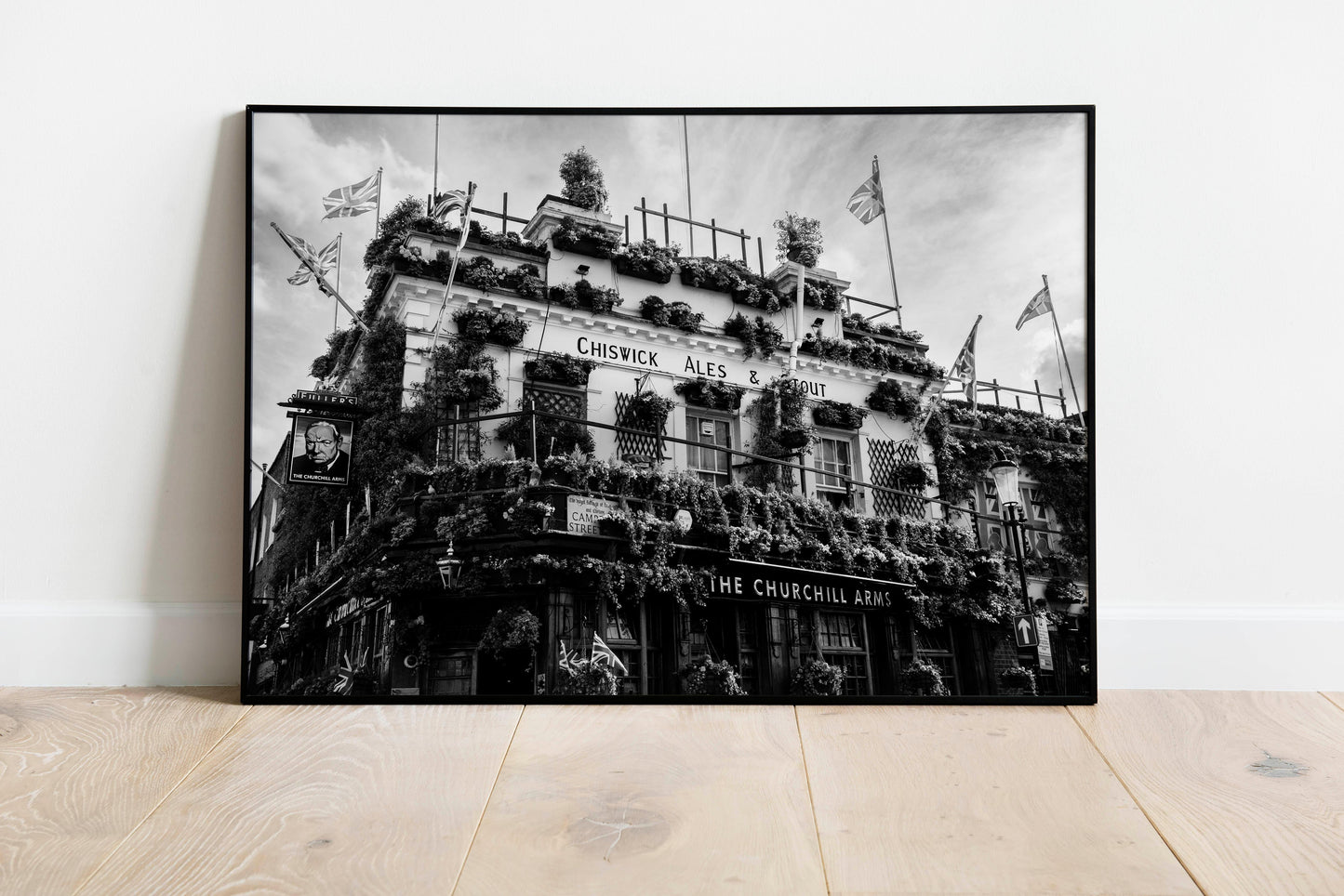 Churchill Arms London Pub Print – Black and White Photo of Iconic English Pub