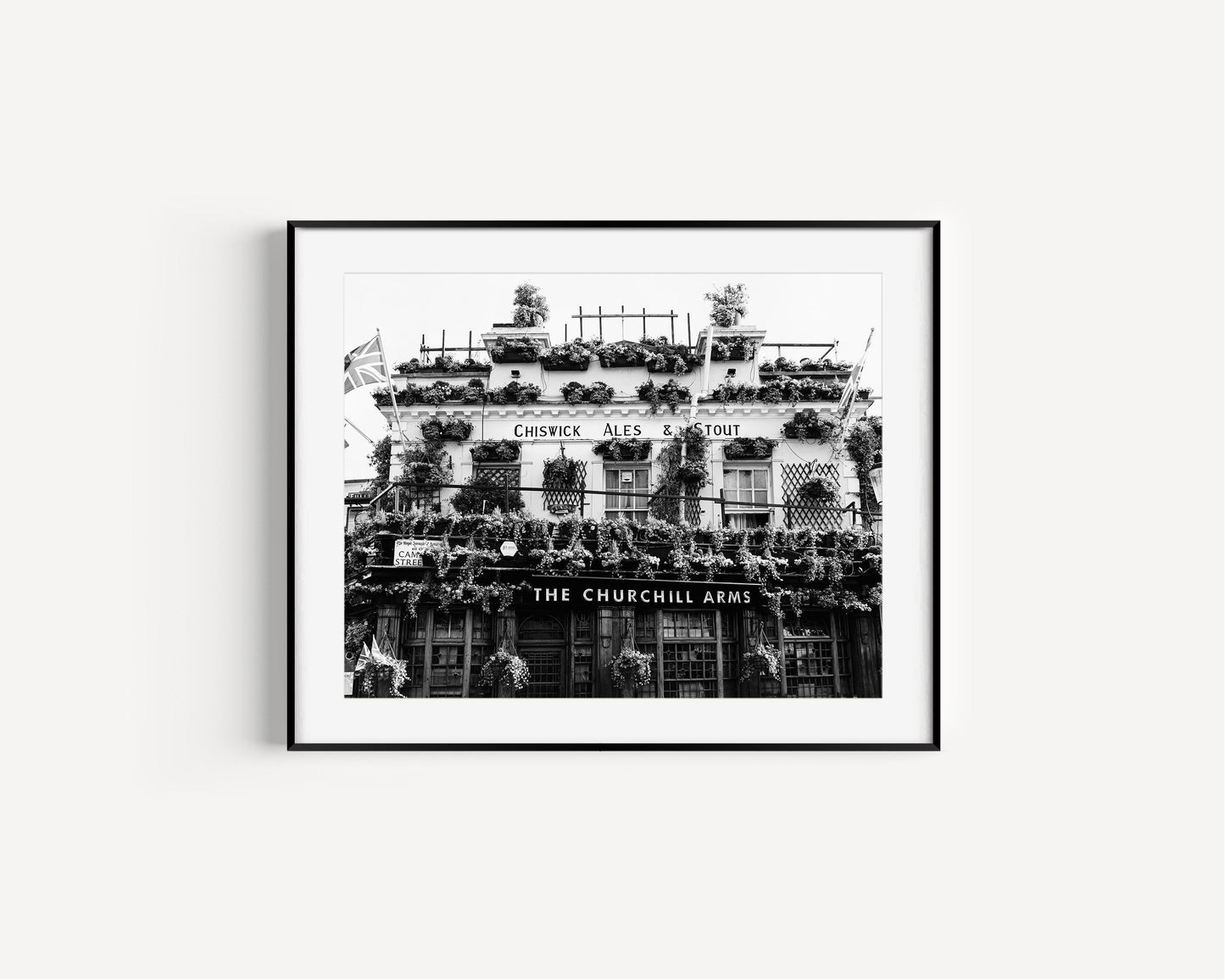 Black and white London pub poster – Churchill Arms British tavern print for kitchen or bar wall decor