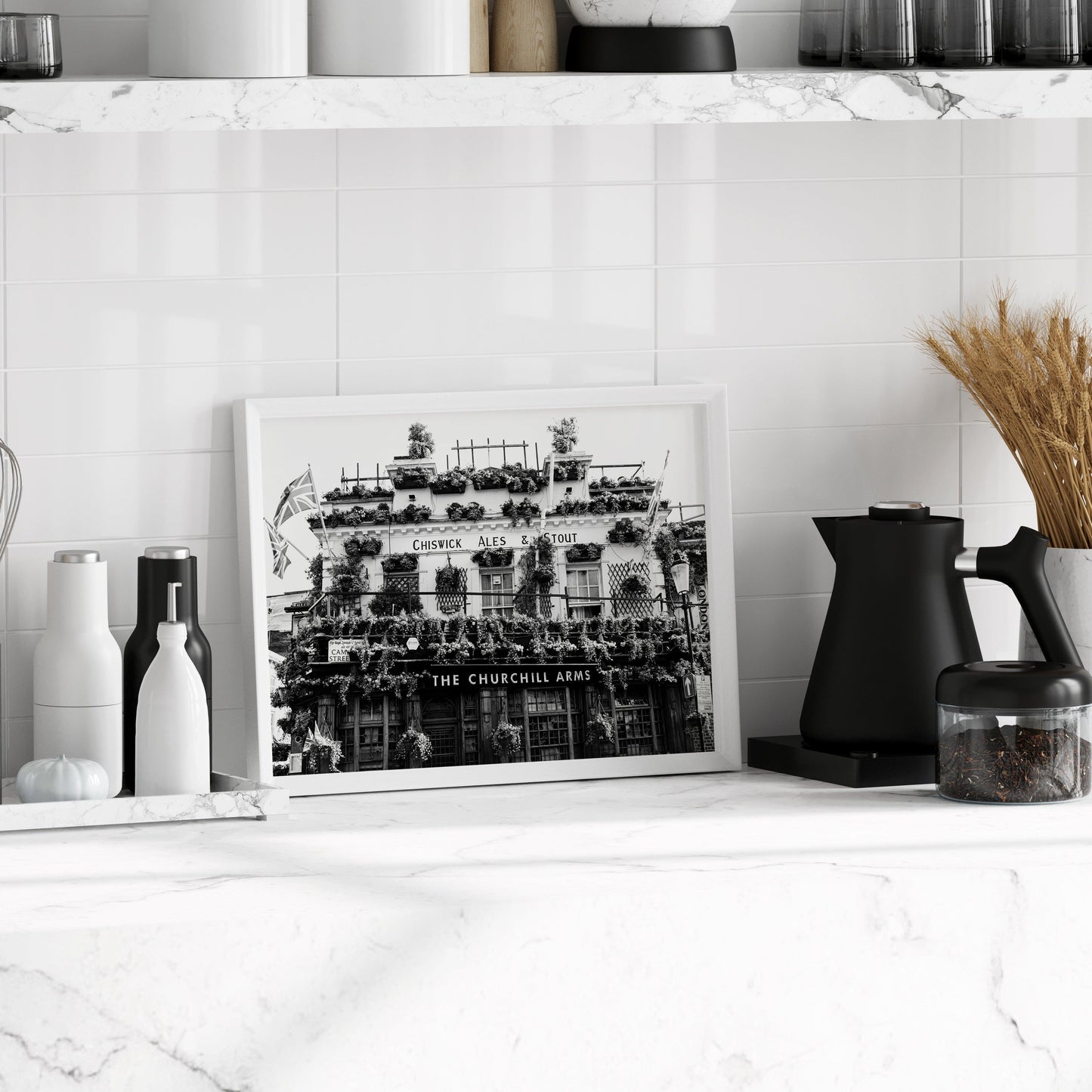 Black and white London pub poster – Churchill Arms British tavern print for kitchen or bar wall decor