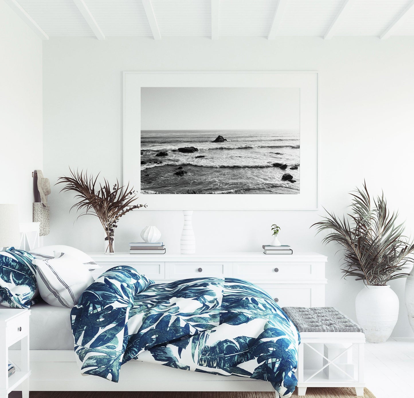 Black and white photo of ocean waves and rock along the California coast – minimalist horizontal wall art