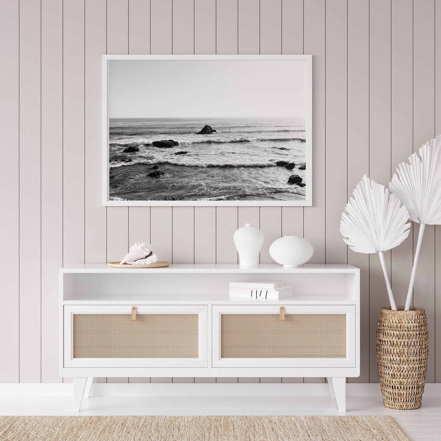 Black and white photo of ocean waves and rock along the California coast – minimalist horizontal wall art