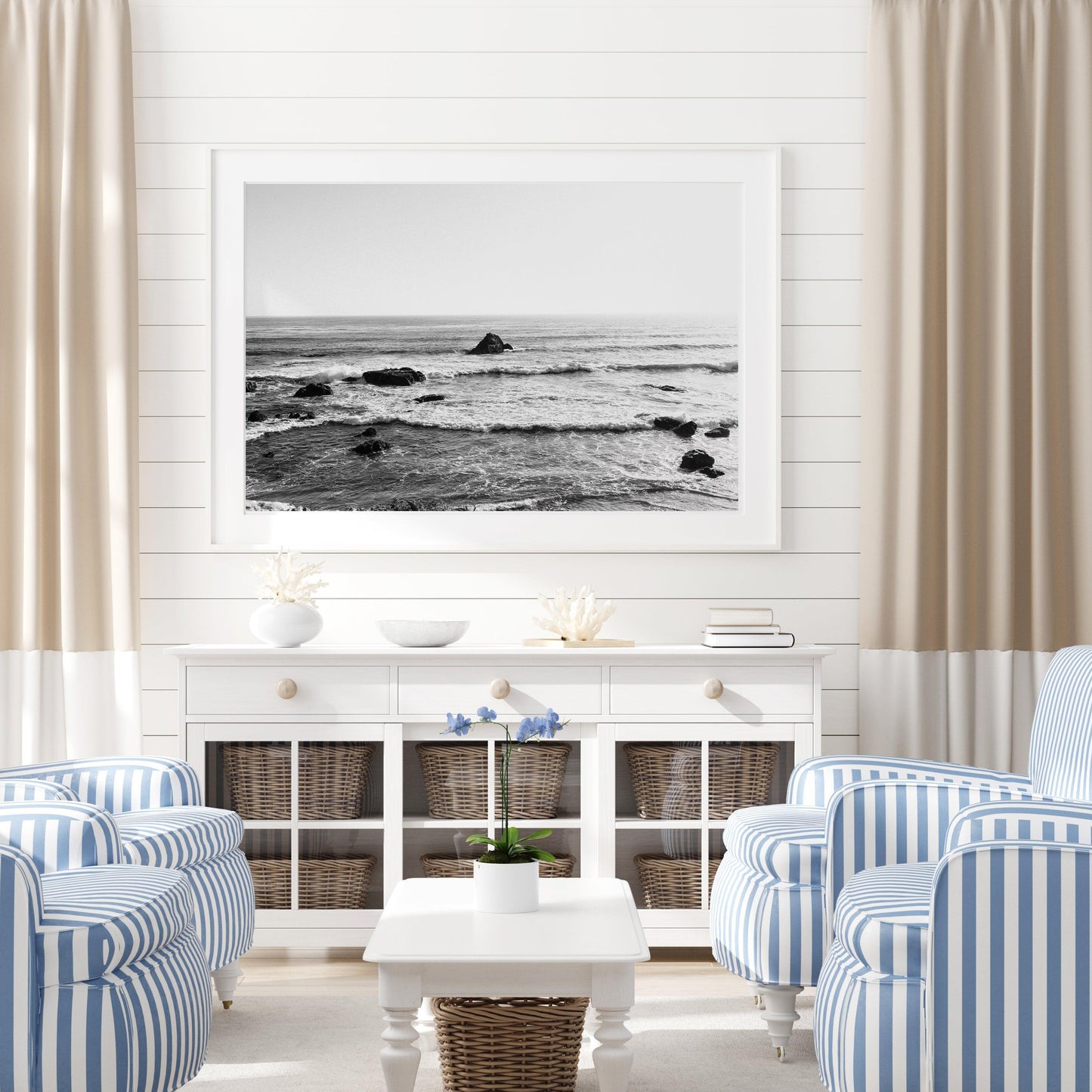 Black and white photo of ocean waves and rock along the California coast – minimalist horizontal wall art