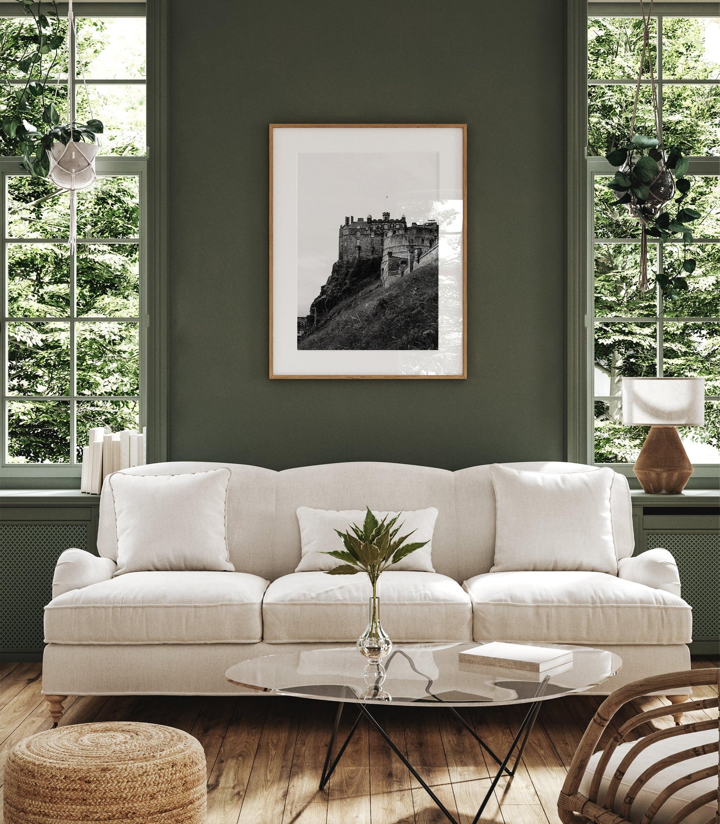 Vertical black and white photo of Edinburgh Castle in Scotland with hill and cloudy sky – historic architectural wall art