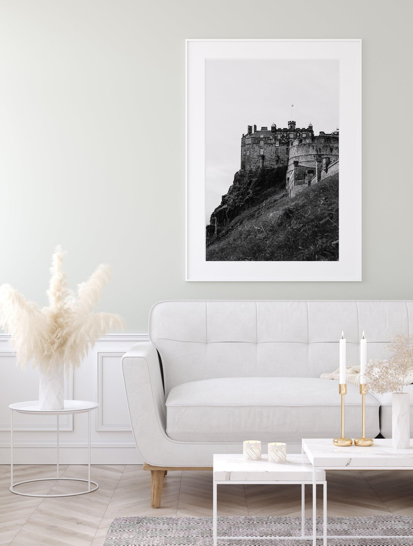 Vertical black and white photo of Edinburgh Castle in Scotland with hill and cloudy sky – historic architectural wall art