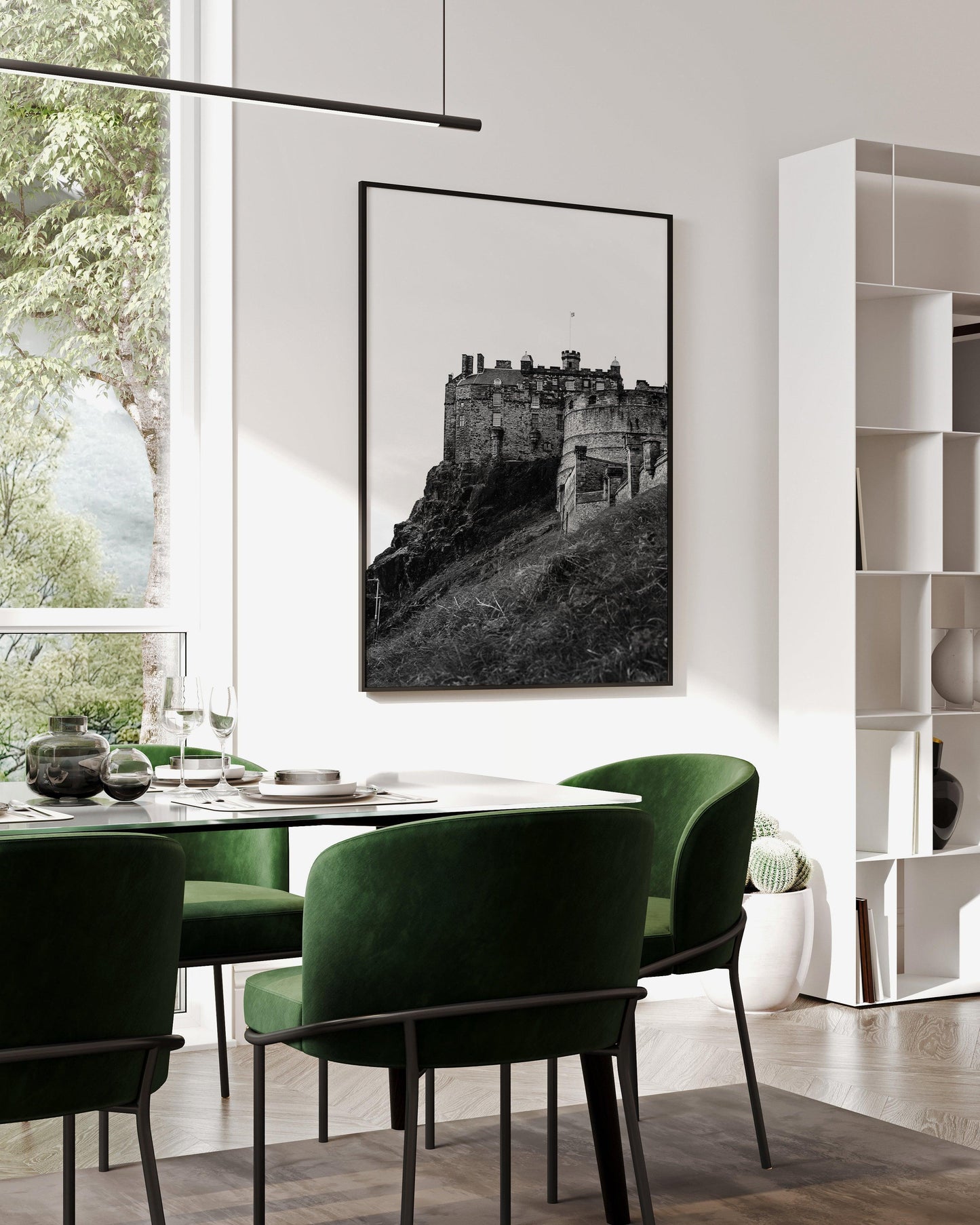 Vertical black and white photo of Edinburgh Castle in Scotland with hill and cloudy sky – historic architectural wall art