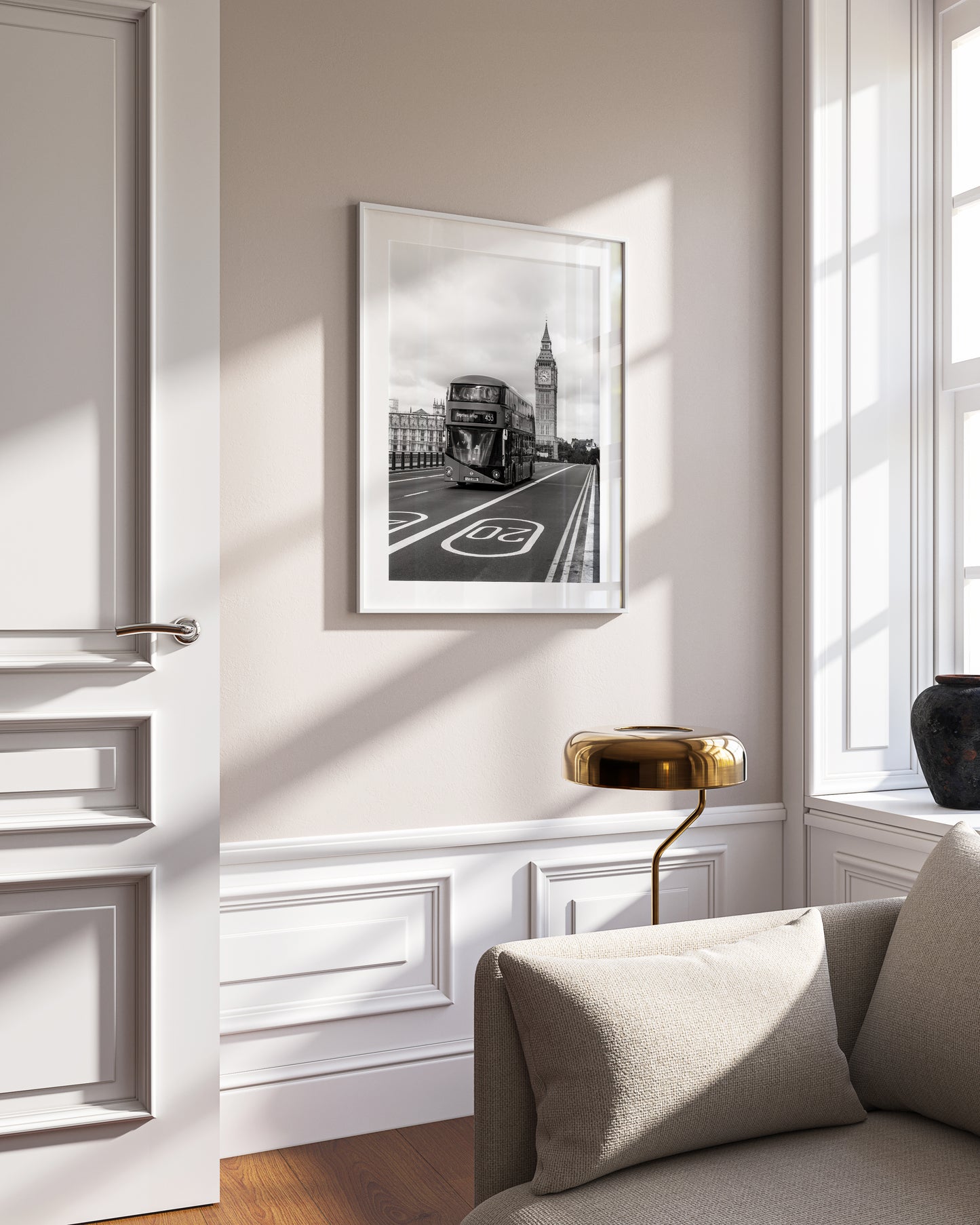 Black and white London print featuring Big Ben and a red double-decker bus