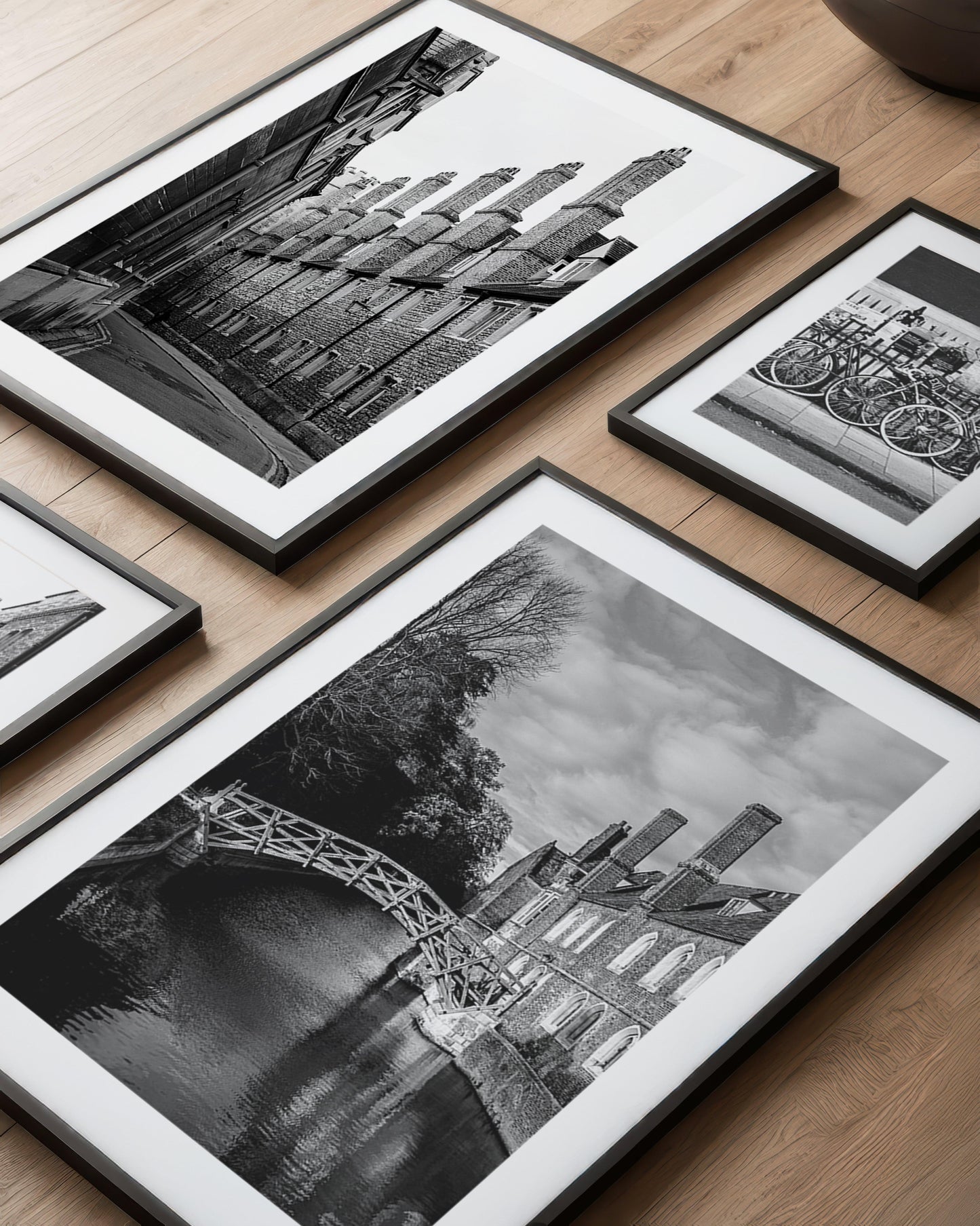 Black and white print of the Mathematical Bridge at the University of Cambridge.