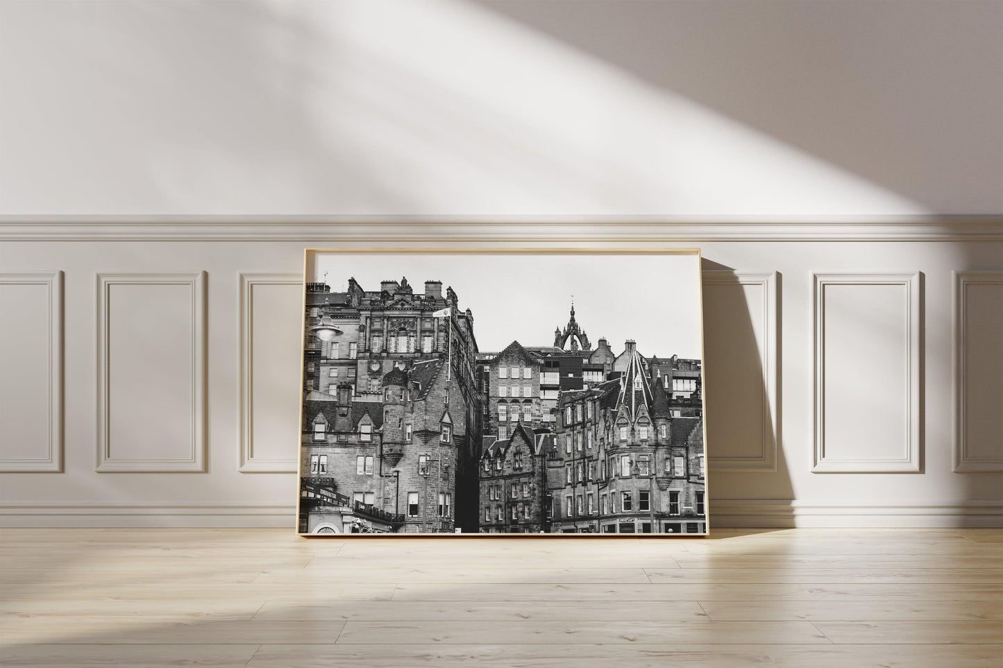Black and white photo of historic Edinburgh buildings with gabled rooftops and stone facades – horizontal architecture print