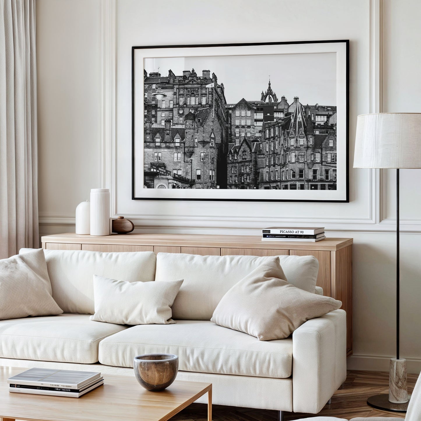 Black and white photo of historic Edinburgh buildings with gabled rooftops and stone facades – horizontal architecture print