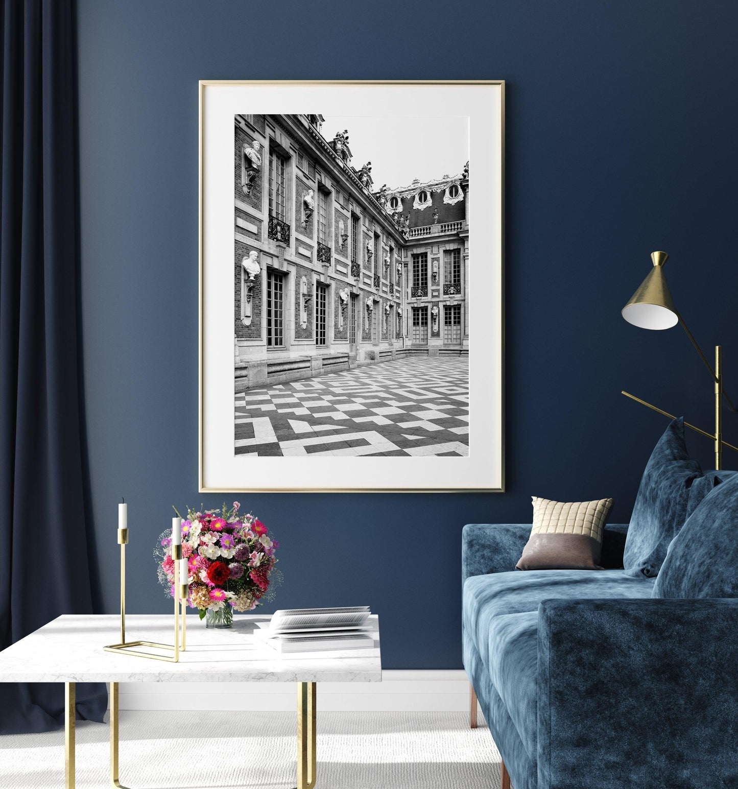 Palace of Versailles captured in black and white photography, showcasing its historic grandeur.