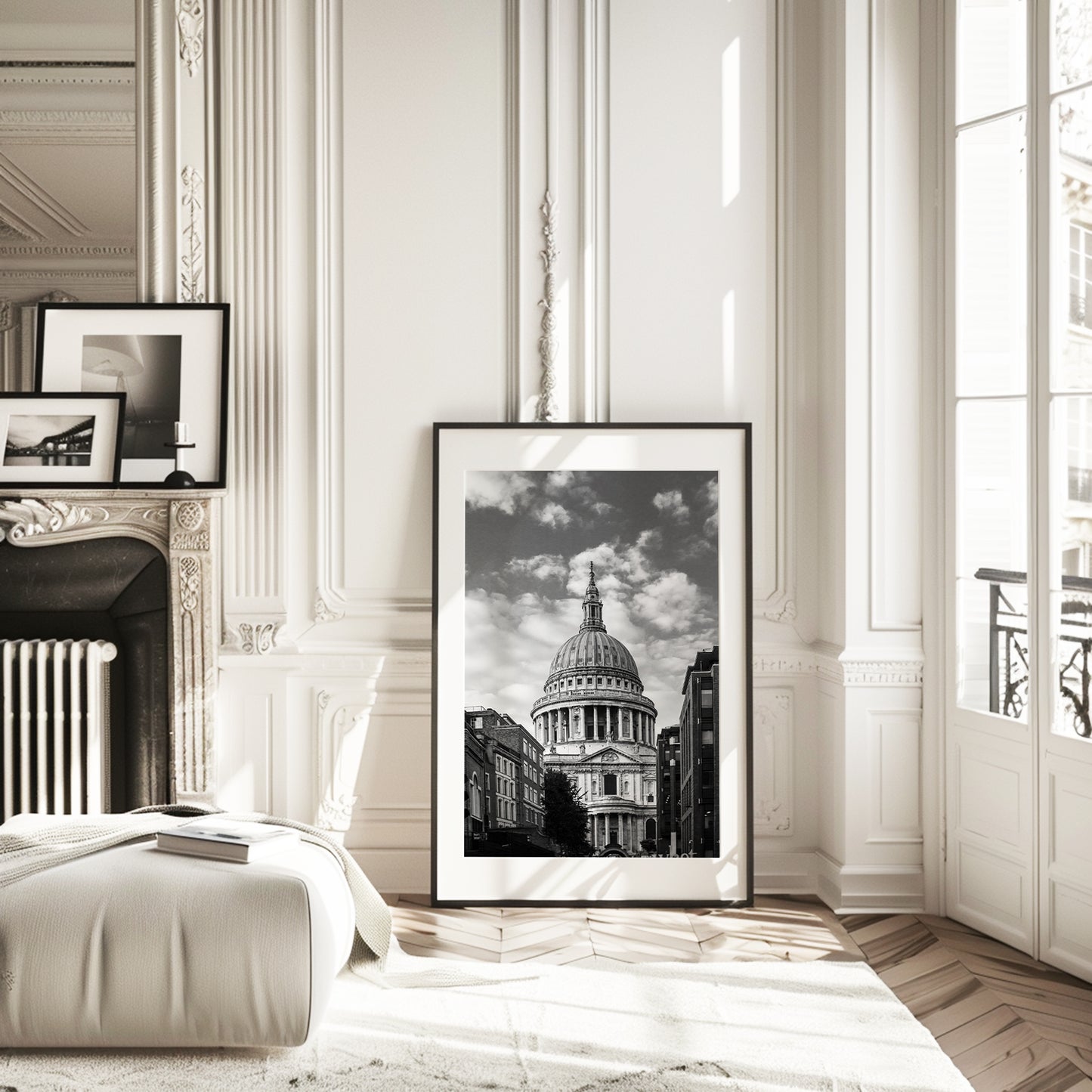 St. Paul’s Cathedral in London, featuring the domed structure and grand architecture in black and white.