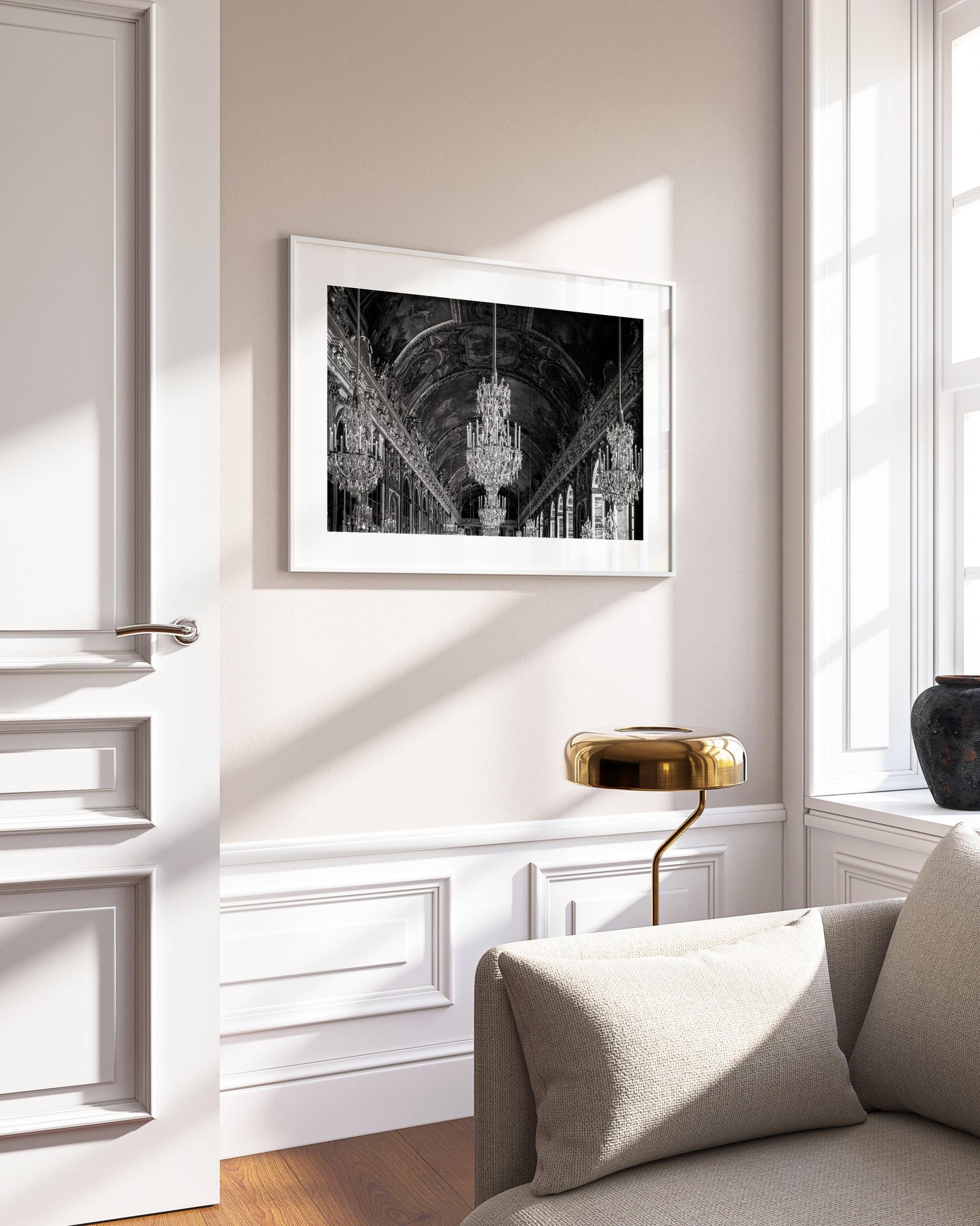 Black and White Versailles Hall of Mirrors Chandelier Photography Print - Departures Print Shop