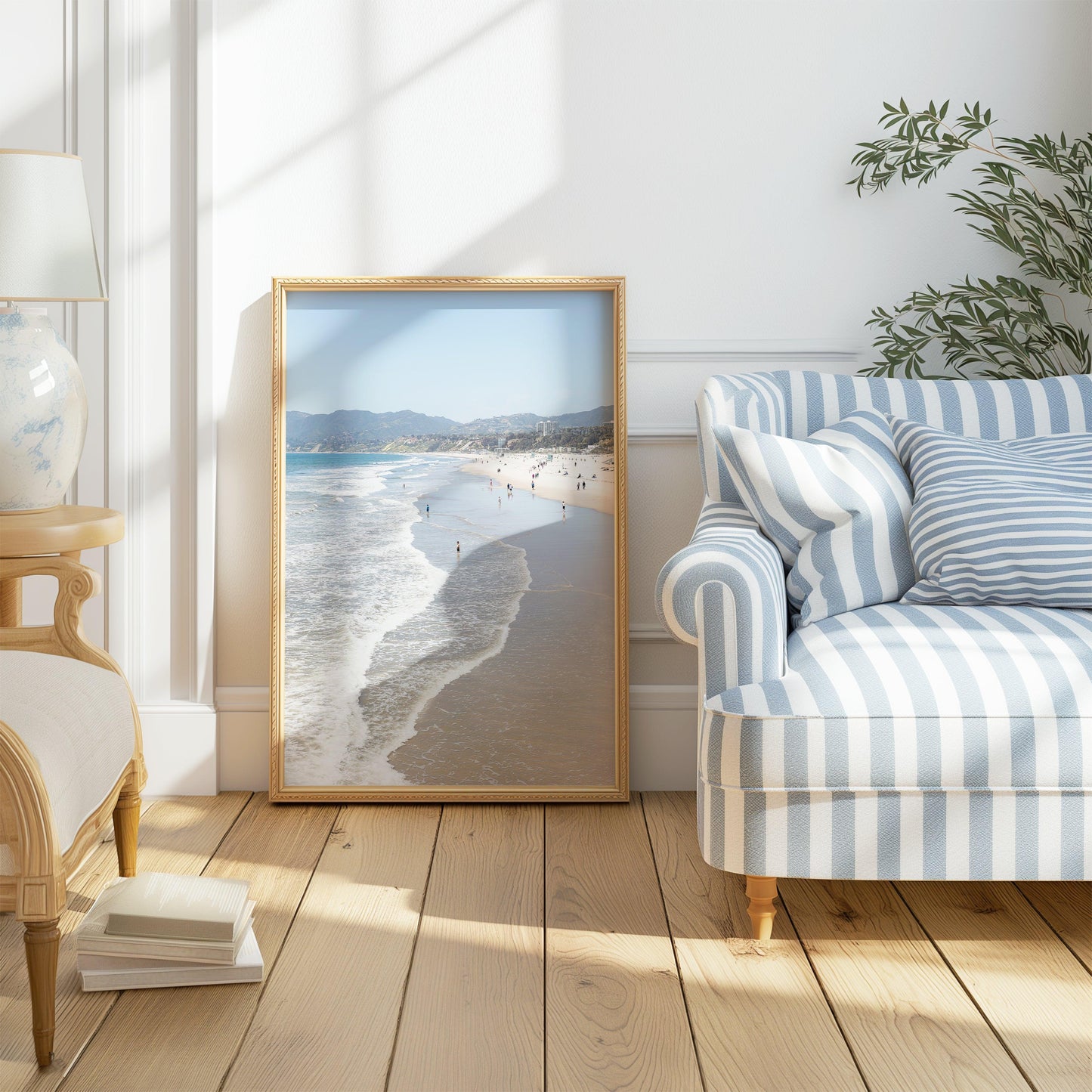 Vertical beach photo of Santa Monica with ocean waves, soft sand, and distant hills – California coast wall art
