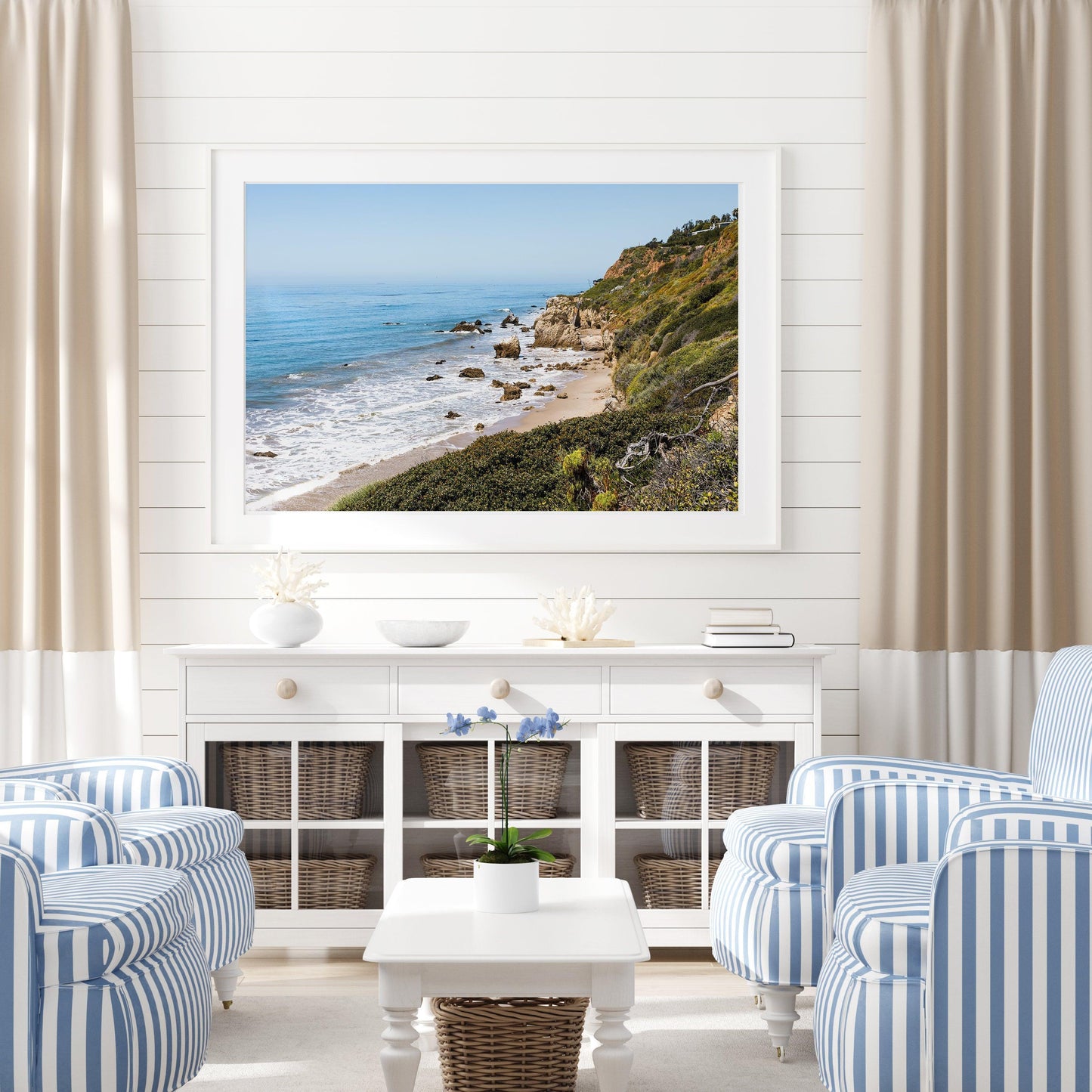 Horizontal coastal photo of El Matador State Beach in Malibu with cliffs, rocks, and ocean waves