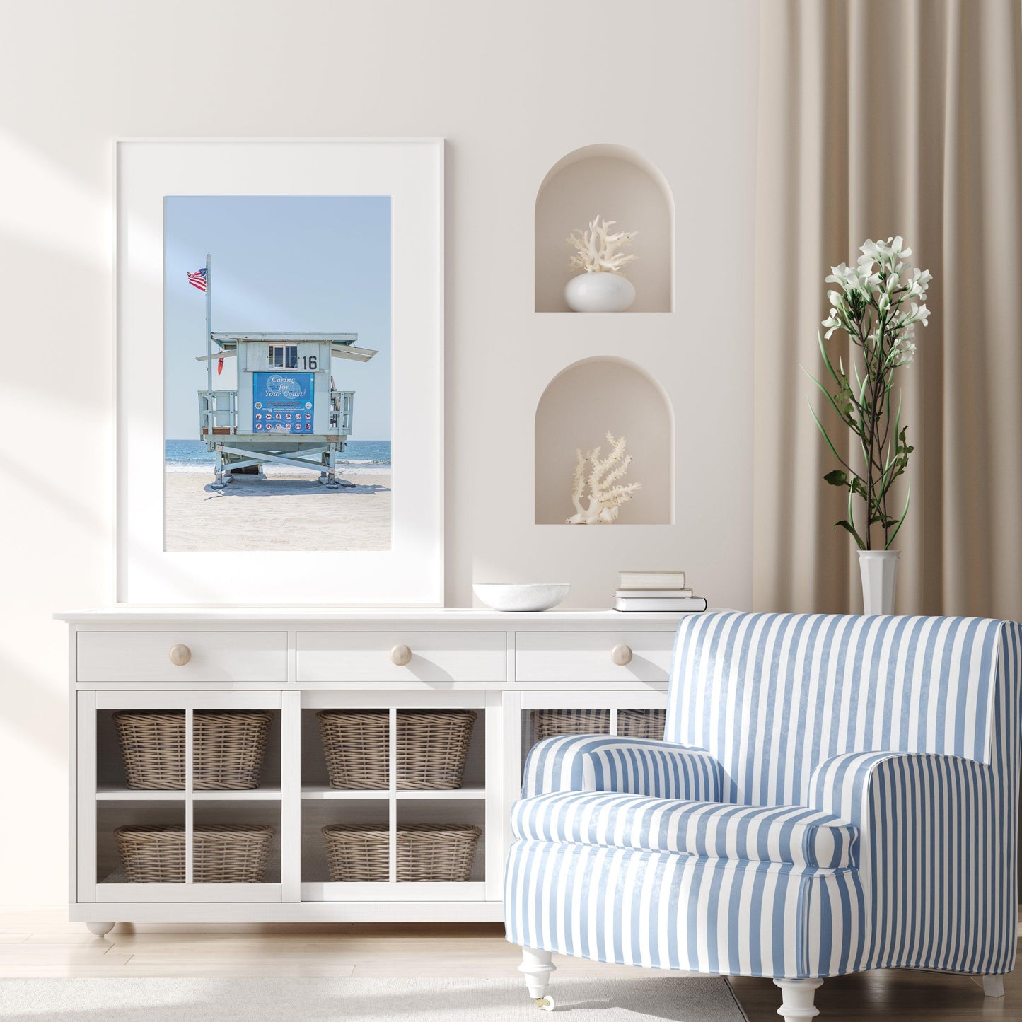 California lifeguard tower 16 in front of the ocean with clear sky – vertical coastal photography print