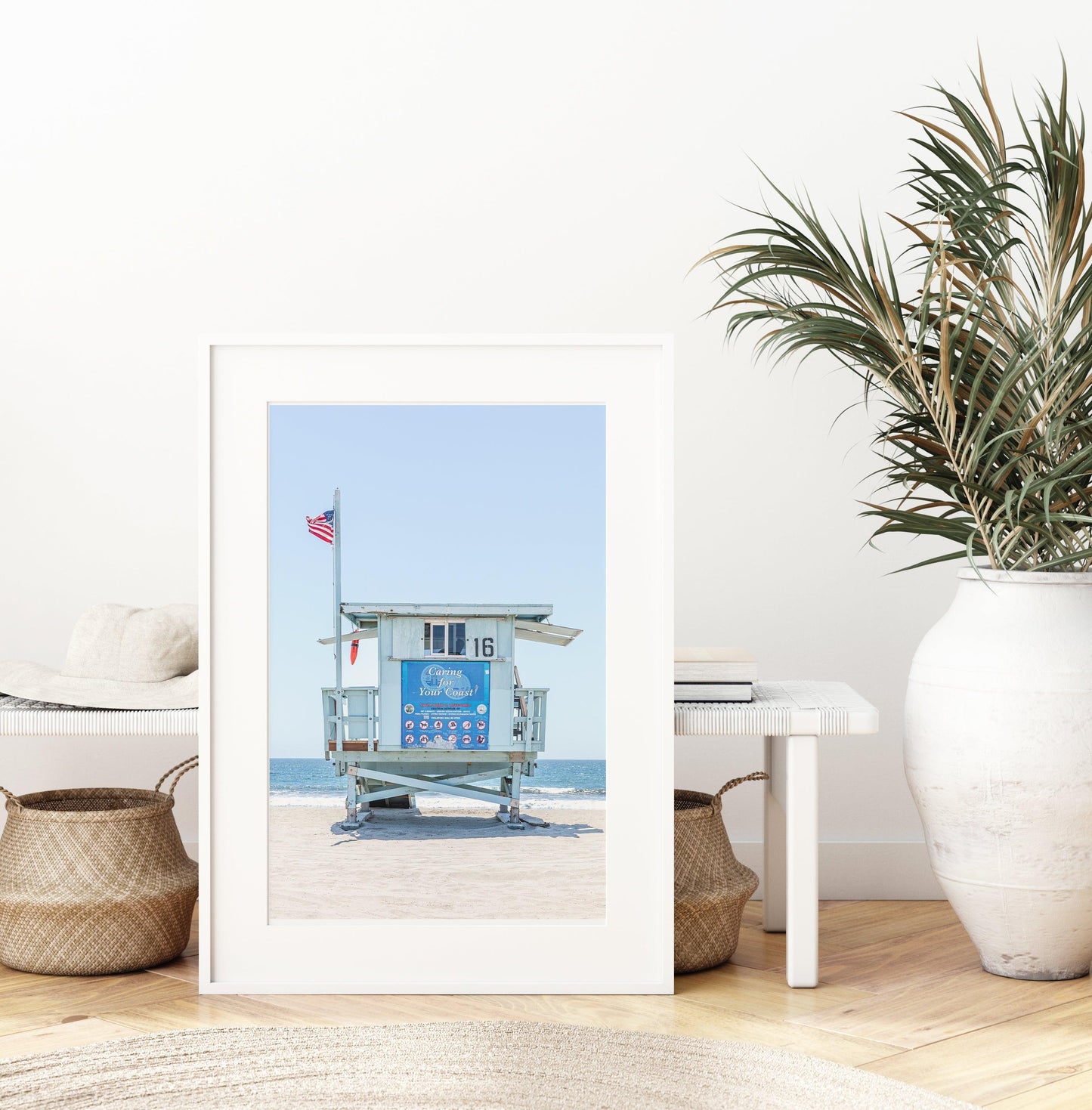 California lifeguard tower 16 in front of the ocean with clear sky – vertical coastal photography print