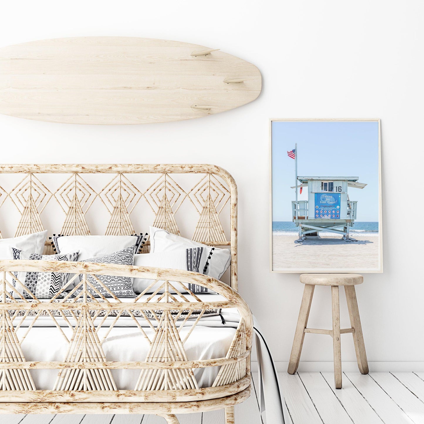 California lifeguard tower 16 in front of the ocean with clear sky – vertical coastal photography print