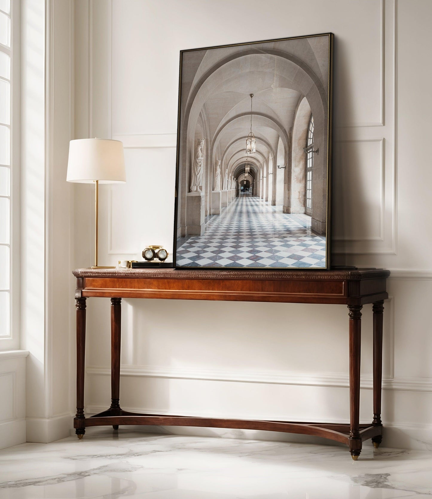 French architecture print showcasing the grand hallways of the Palace of Versailles.