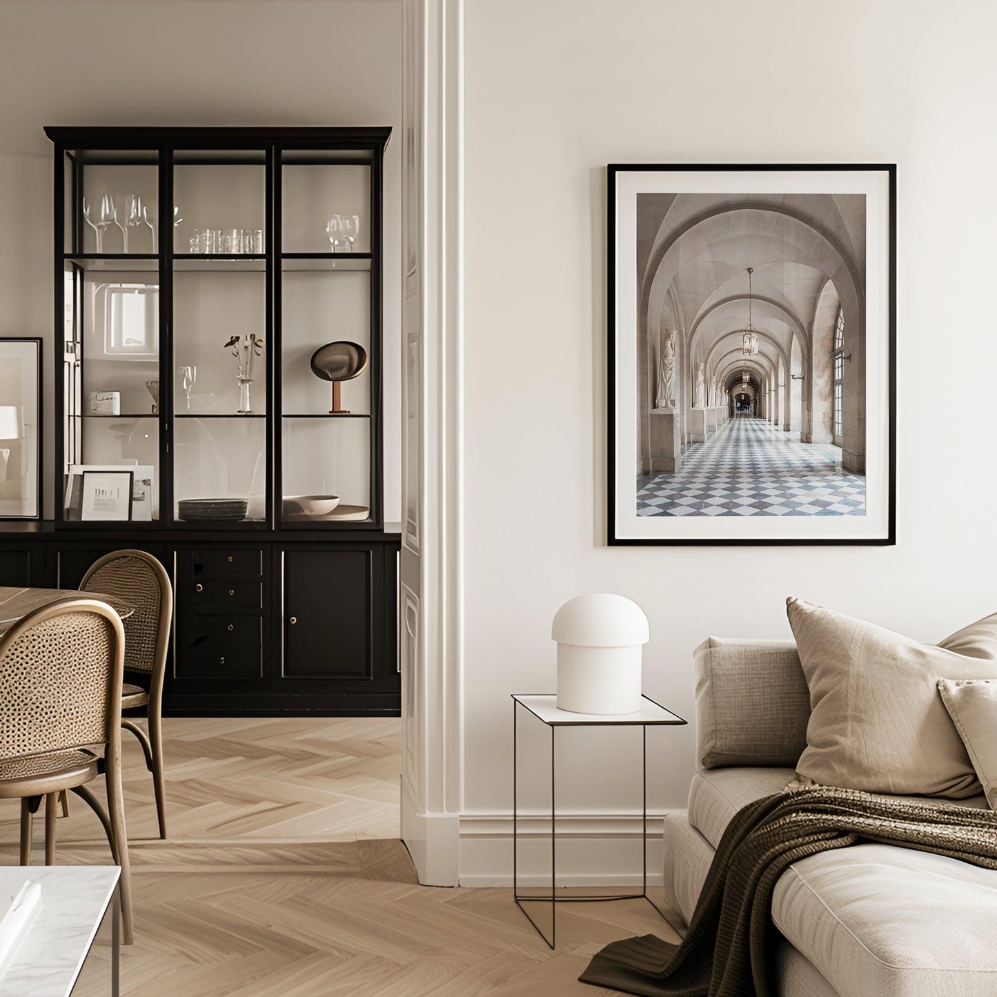 French architecture print showcasing the grand hallways of the Palace of Versailles.