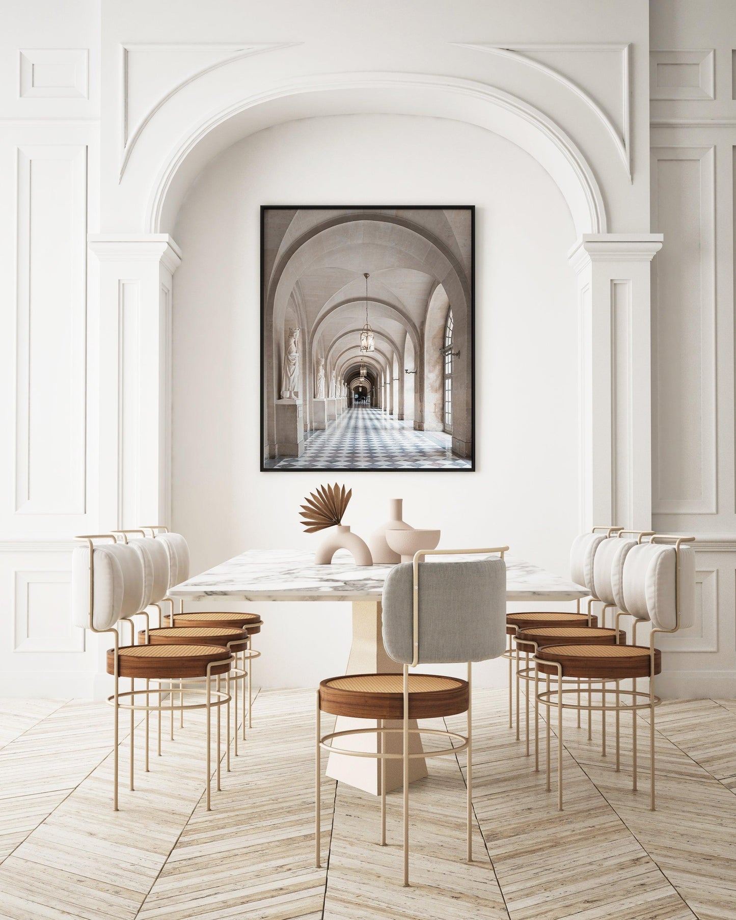 French architecture print showcasing the grand hallways of the Palace of Versailles.