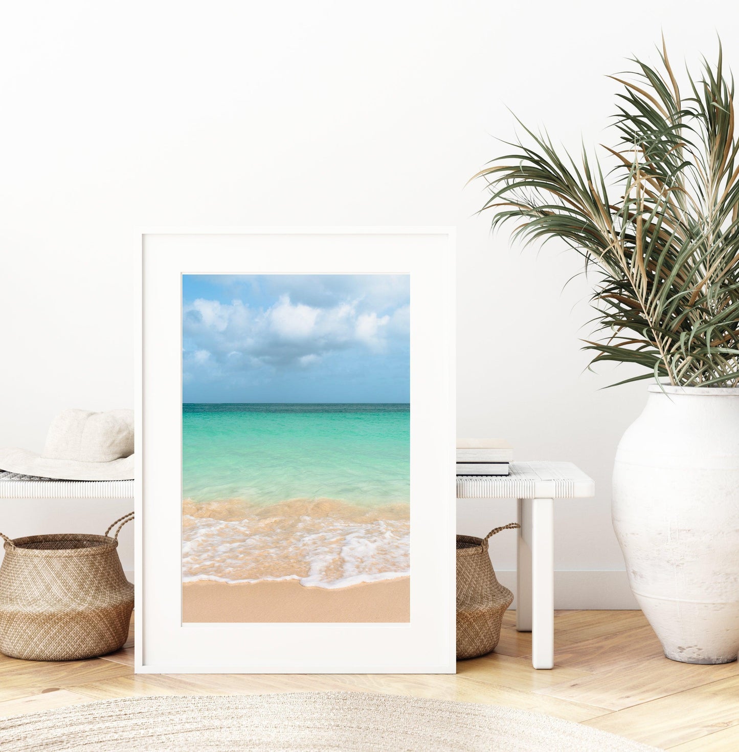 Vibrant ocean waves at Eagle Beach, Aruba with clear turquoise water and soft golden sand under a bright sky — colorful beach photography perfect for tropical and modern coastal decor.