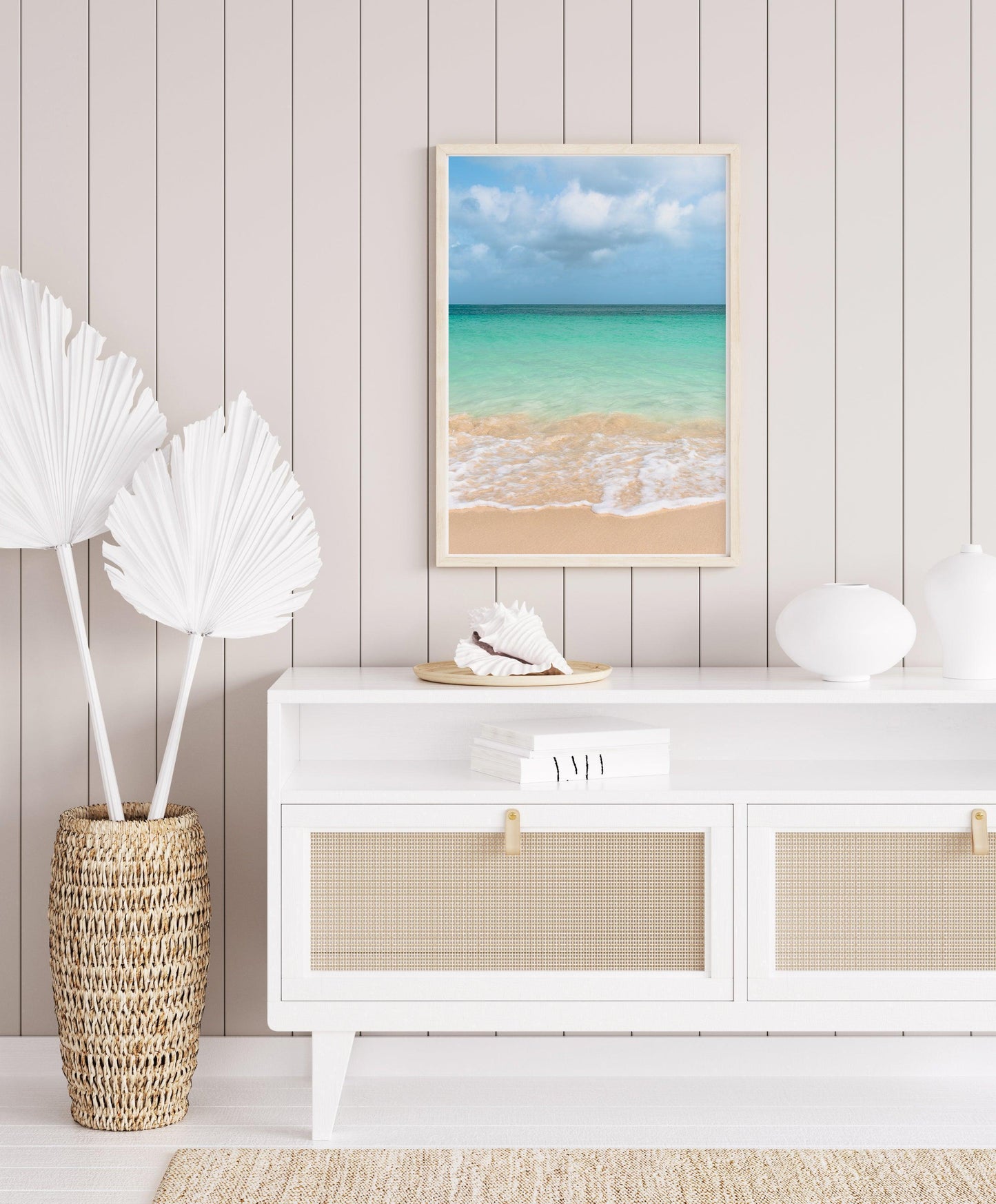 Vibrant ocean waves at Eagle Beach, Aruba with clear turquoise water and soft golden sand under a bright sky — colorful beach photography perfect for tropical and modern coastal decor.