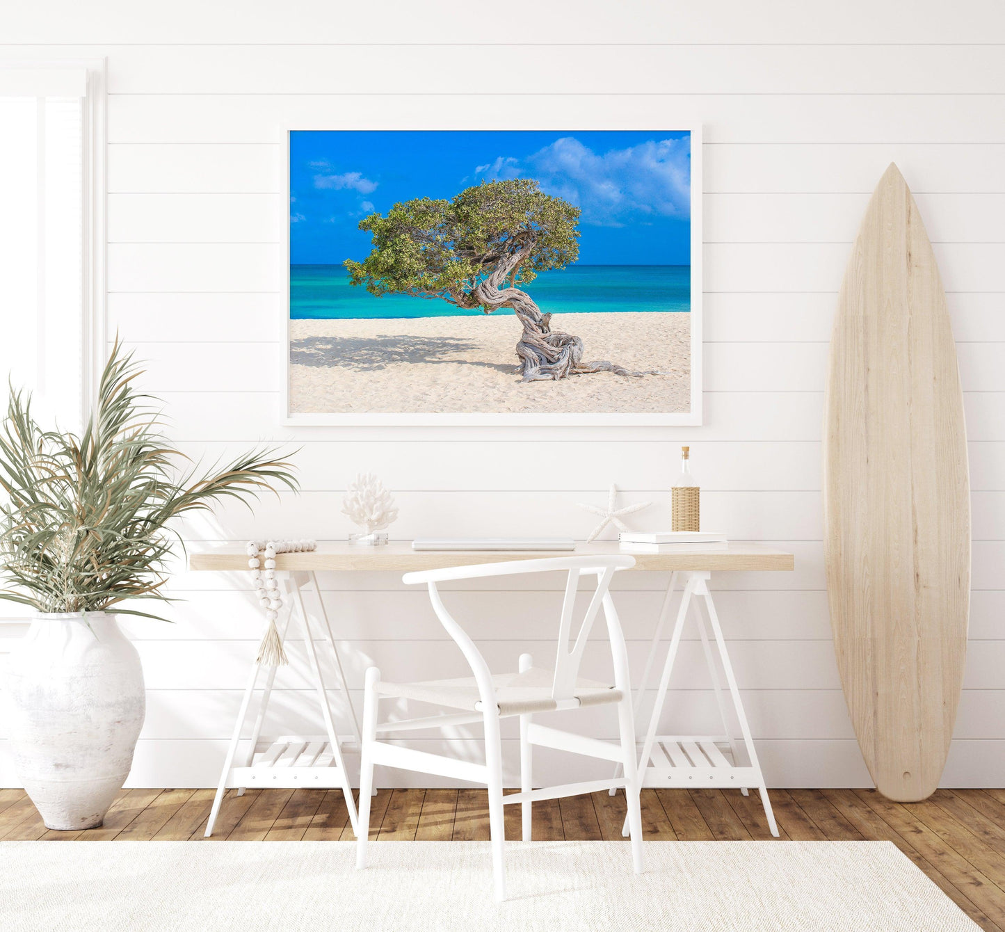 Divi Divi tree on Eagle Beach Aruba with turquoise Caribbean Sea and bright blue sky in the background — vibrant tropical wall art and beach photography print