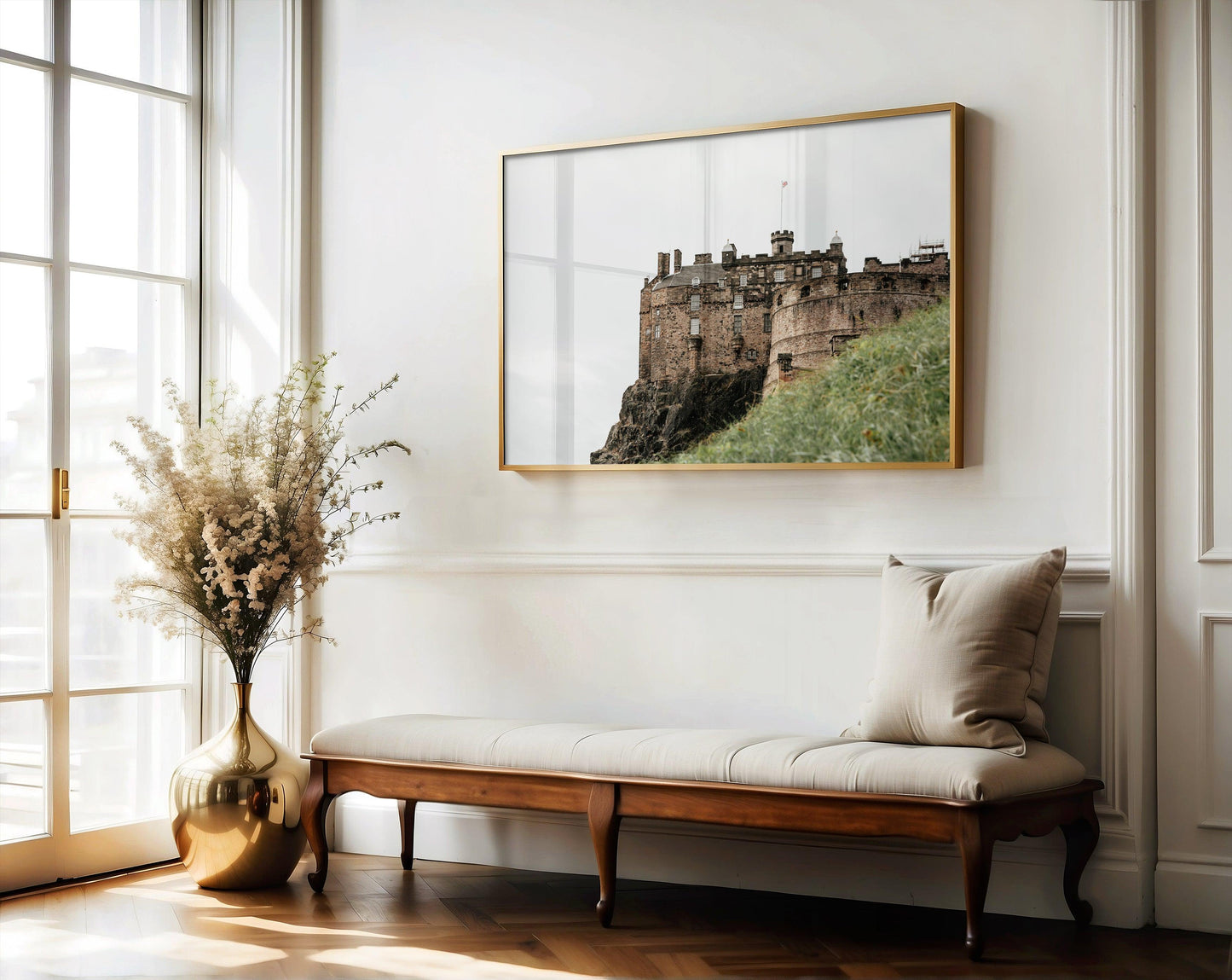 Horizontal photo of Edinburgh Castle in Scotland with stone walls, turrets, and cloudy sky – historic architecture print