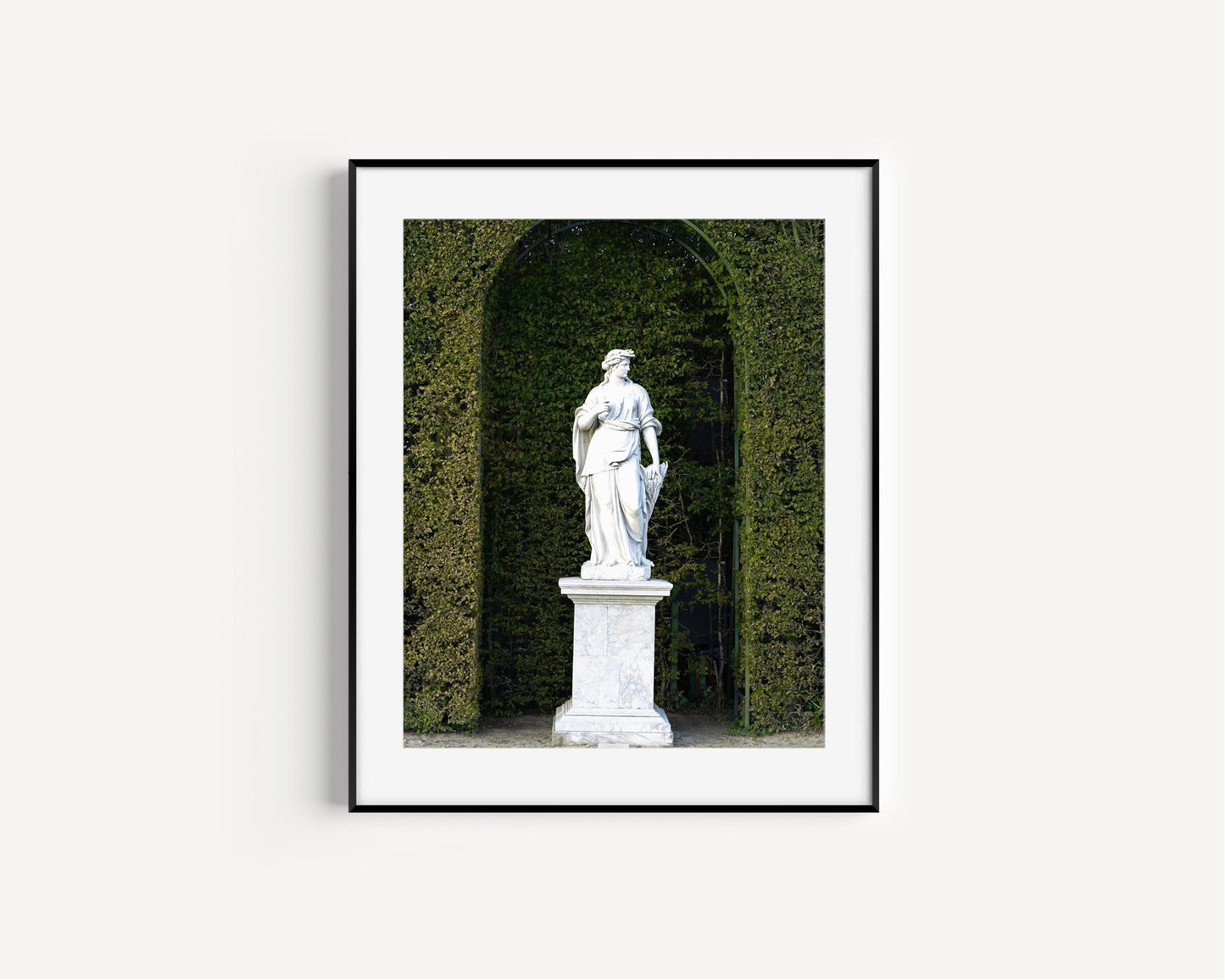 Color photograph of a marble statue in the gardens of the Palace of Versailles, framed by manicured green hedges and soft natural light — ideal for French wall decor, baroque decor, or art for hotel Airbnb.