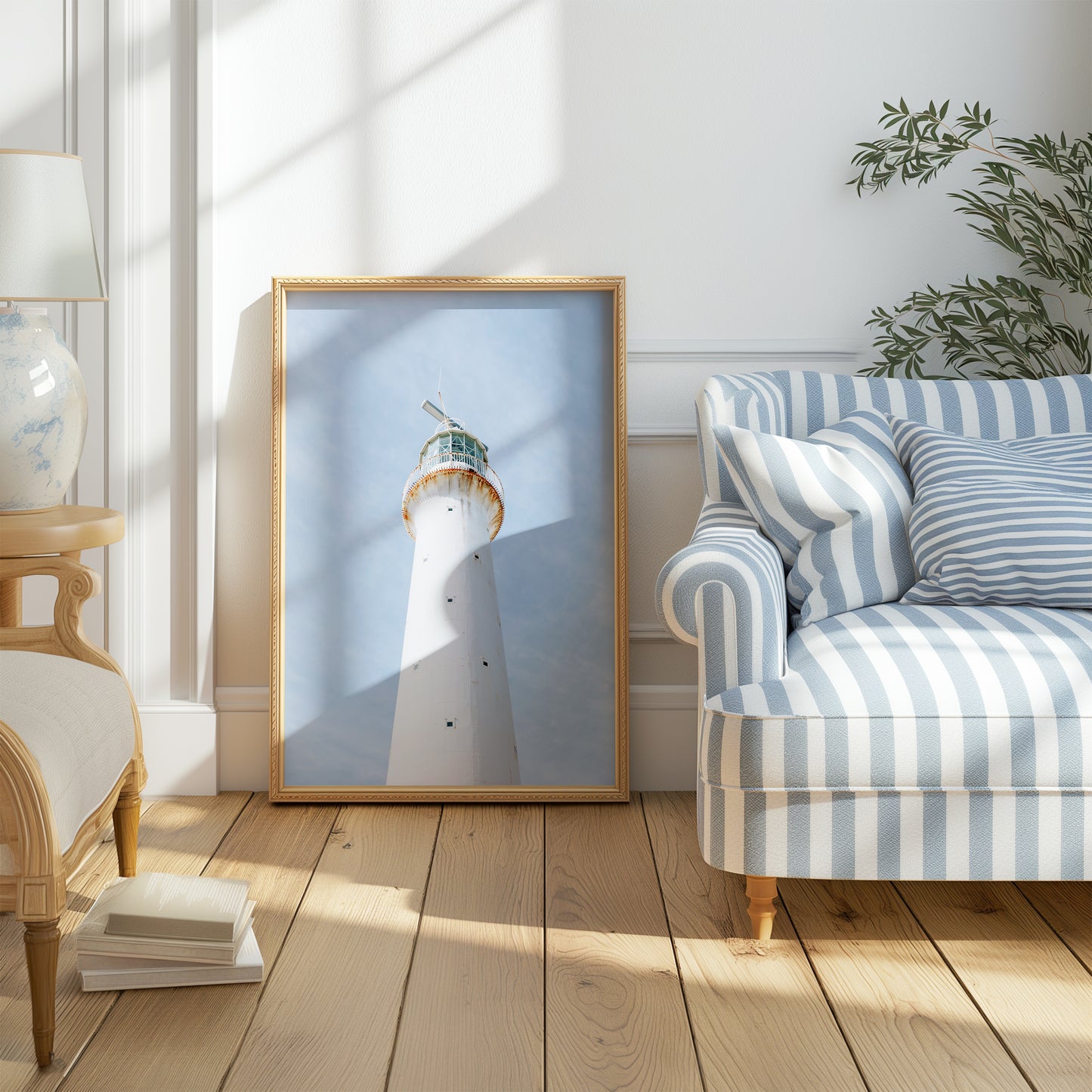 Vertical photo of Gibbs Hill Lighthouse in Bermuda against a soft blue sky
