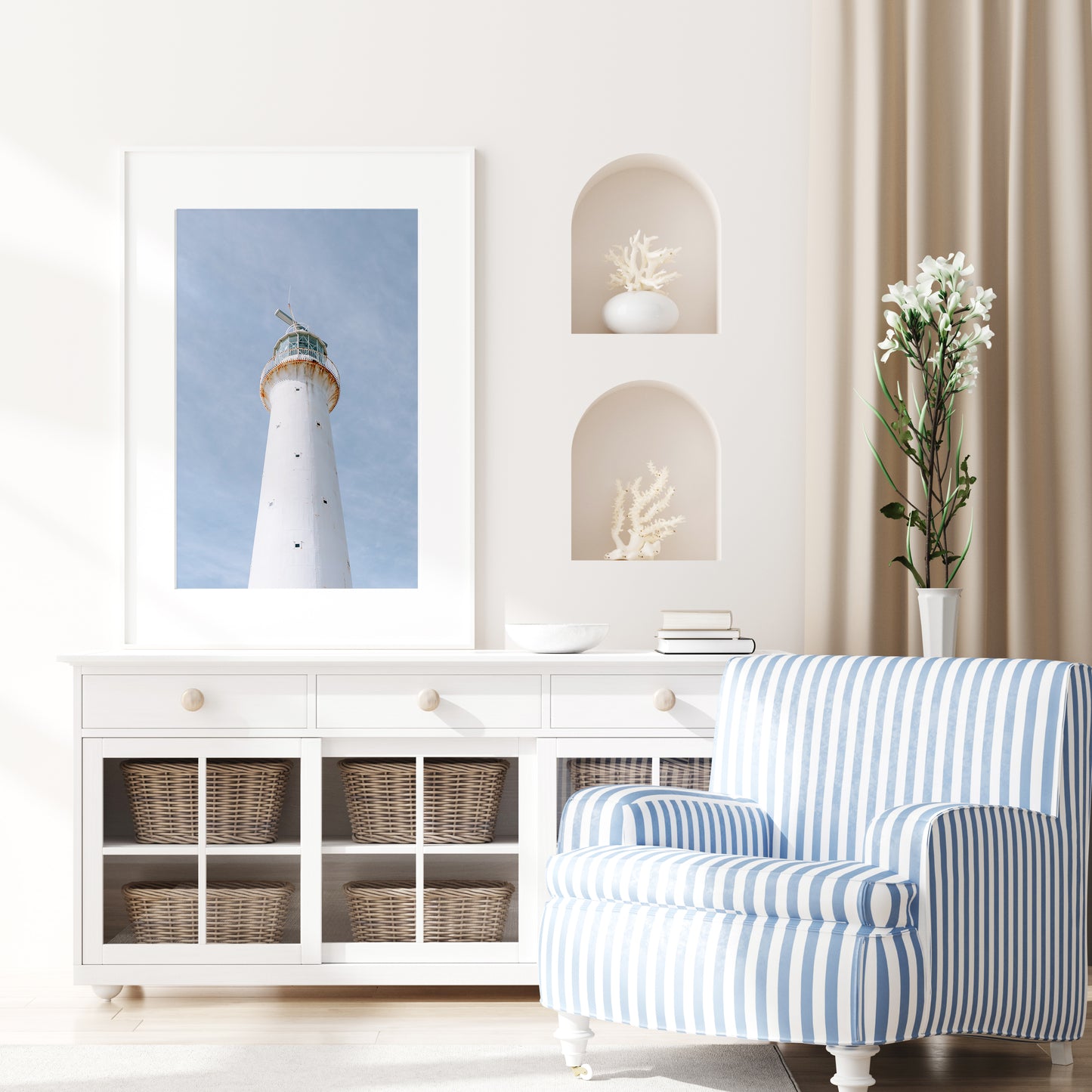 Vertical photo of Gibbs Hill Lighthouse in Bermuda against a soft blue sky